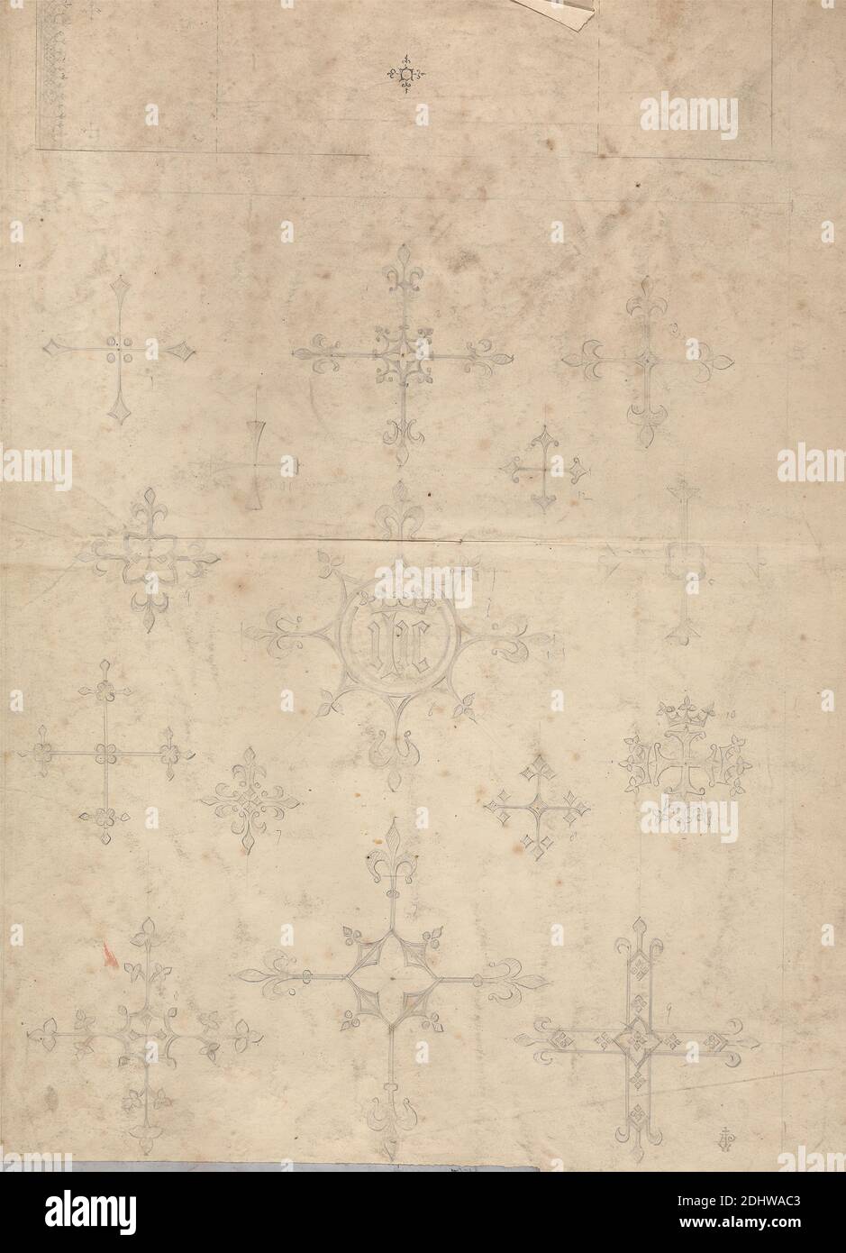 Designs for Gothic Ornamentation, Augustus Welby Northmore Pugin, 1812–1852, British, Augustus Charles Pugin, 1762–1832, French, undated, Graphite on medium, smooth, cream wove paper, Sheet: 16 1/2 × 12 inches (41.9 × 30.5 cm), architectural subject, architecture, design, Gothic (Medieval), ornamentation Stock Photo