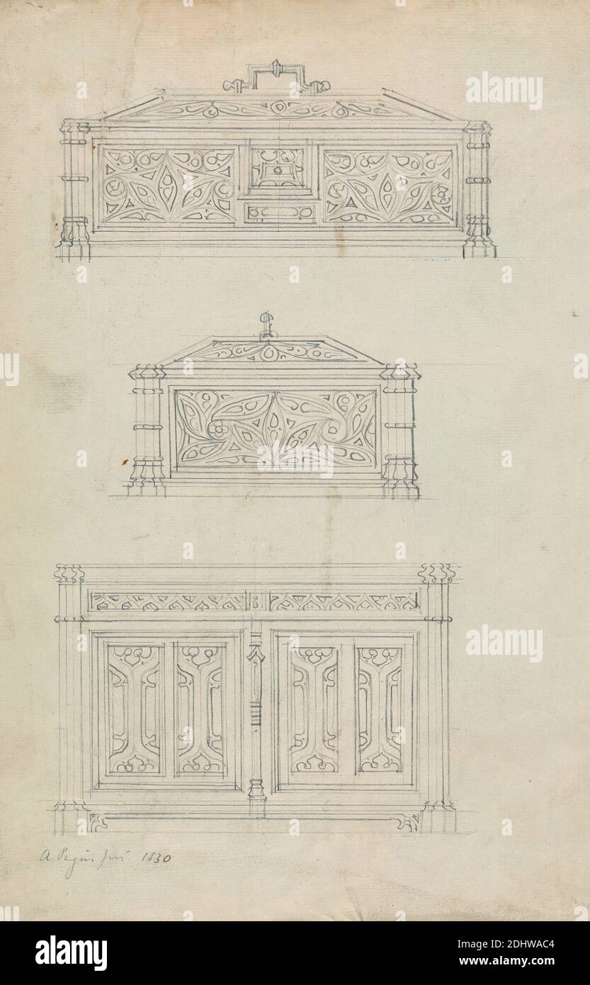 Designs for a Gothic Box and Cabinet, Augustus Welby Northmore Pugin, 1812–1852, British, Augustus Charles Pugin, 1762–1832, French, 1830, Graphite on medium, slightly textured, cream laid paper, Sheet: 12 1/2 x 7 7/8 inches (31.8 x 20 cm), architectural subject, boxes (containers), cabinet (case furniture), Gothic (Medieval Stock Photo