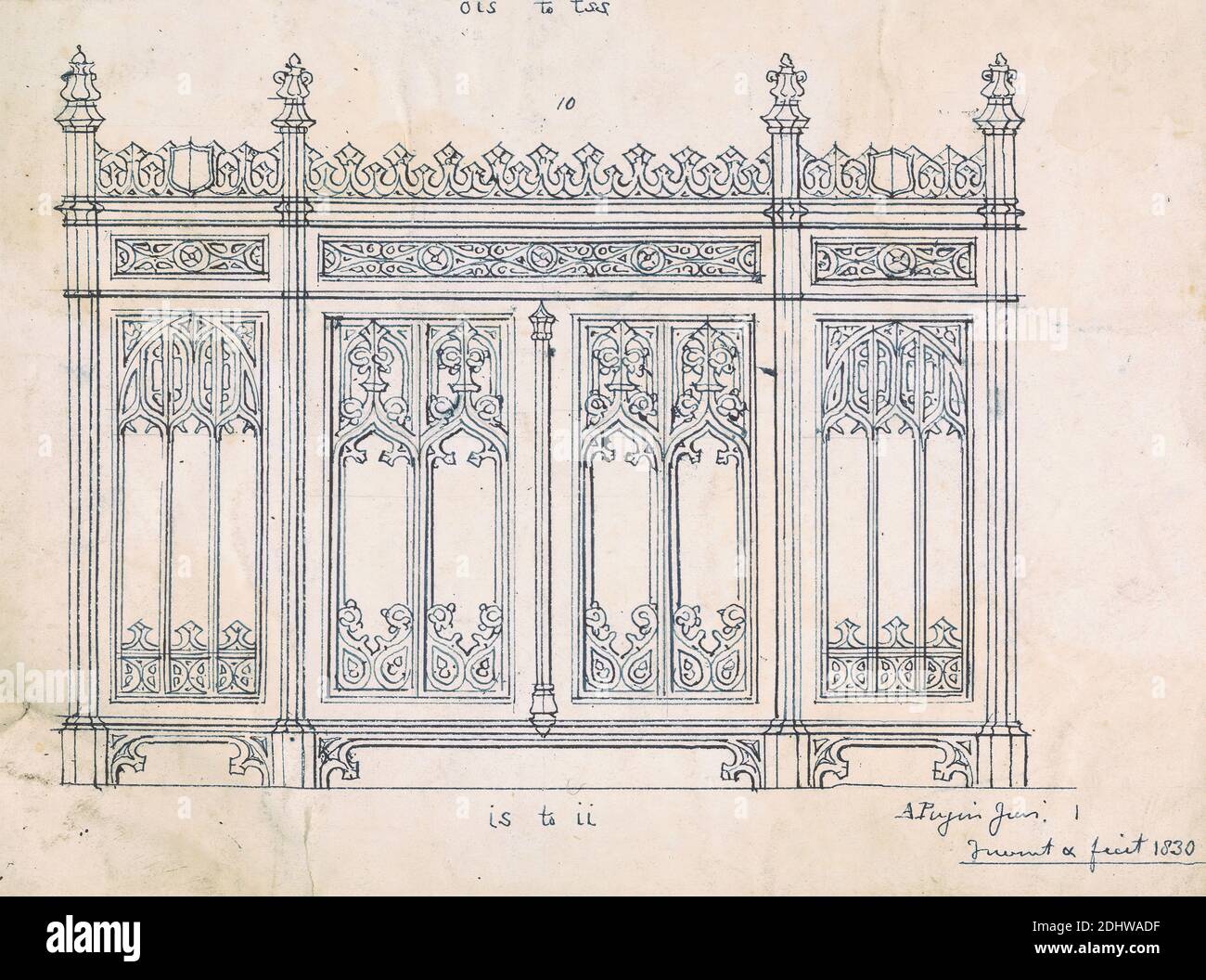 Design for a Gothic Screen, Augustus Welby Northmore Pugin, 1812–1852, British, Augustus Charles Pugin, 1762–1832, French, 1830, Graphite and pen and blue ink on medium, slightly textured, cream wove paper, Sheet: 6 3/8 × 8 1/2 inches (16.2 × 21.6 cm), architectural subject Stock Photo