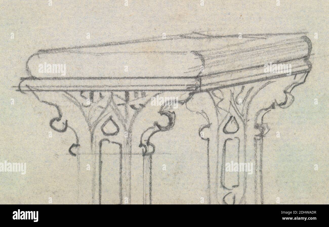 Fragment of a Design for a Gothic Table, Augustus Welby Northmore Pugin, 1812–1852, British, Augustus Charles Pugin, 1762–1832, French, undated, Graphite on medium, slightly textured, cream laid paper, Sheet: 1 3/4 × 2 3/4 inches (4.4 × 7 cm), architectural subject, designs, fragment, Gothic (Medieval), table Stock Photo