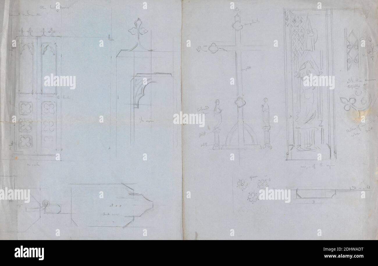 Designs for Gothic Screen, Crucifix and Stained Glass Window, Augustus Welby Northmore Pugin, 1812–1852, British, Augustus Charles Pugin, 1762–1832, French, undated, Graphite on thin, smooth, blue wove paper with two fold marks, Sheet: 9 3/4 × 15 5/8 inches (24.8 × 39.7 cm), architectural subject, architecture, crucifix, design, Gothic (Medieval), screen, stained glass, window Stock Photo