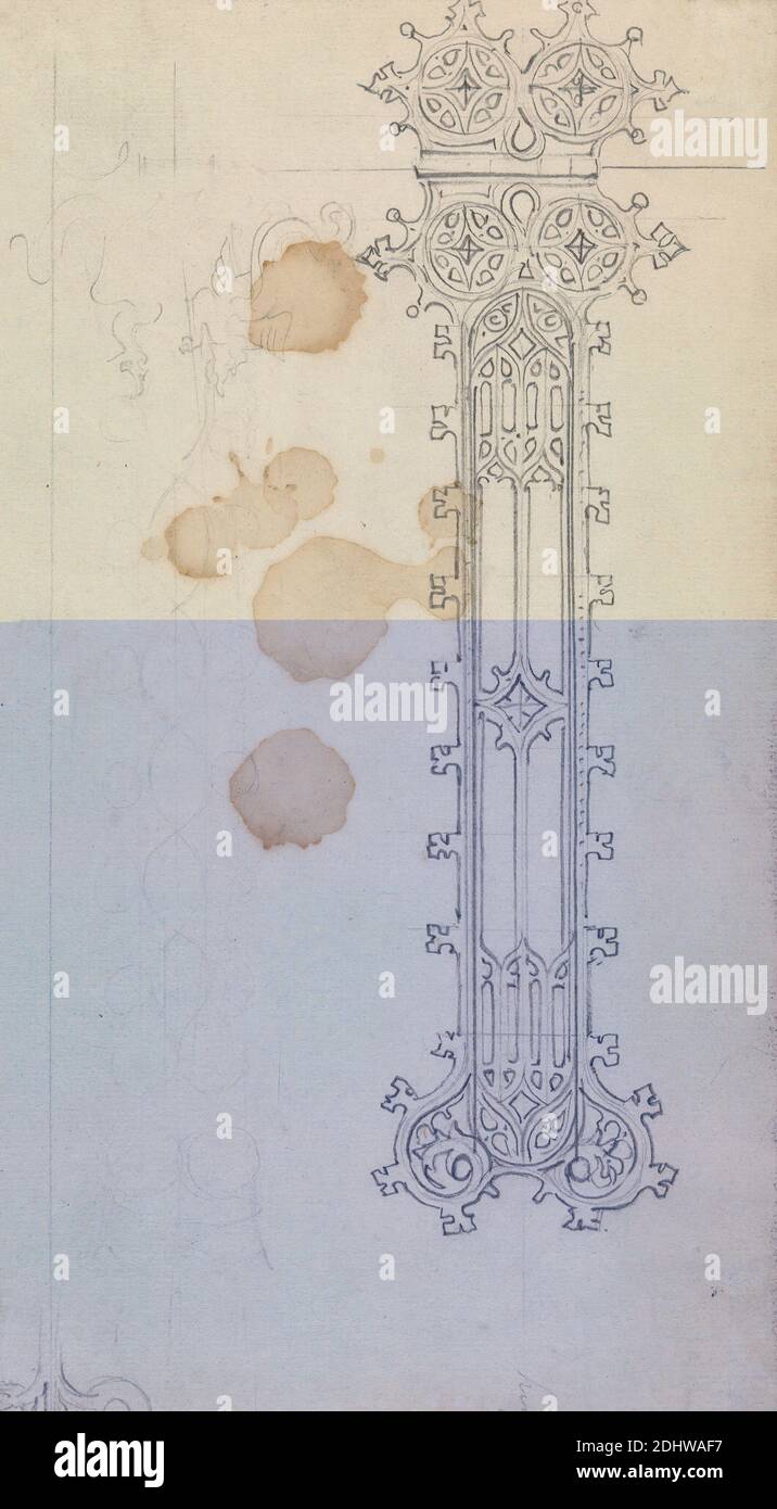 Designs for Gothic Ornamentation, Augustus Welby Northmore Pugin, 1812–1852, British, Augustus Charles Pugin, 1762–1832, French, undated, Graphite on thin, slightly textured, cream laid paper, Sheet: 9 5/8 × 5 3/8 inches (24.4 × 13.7 cm), architectural subject, architecture, design, Gothic (Medieval), ornamentation Stock Photo