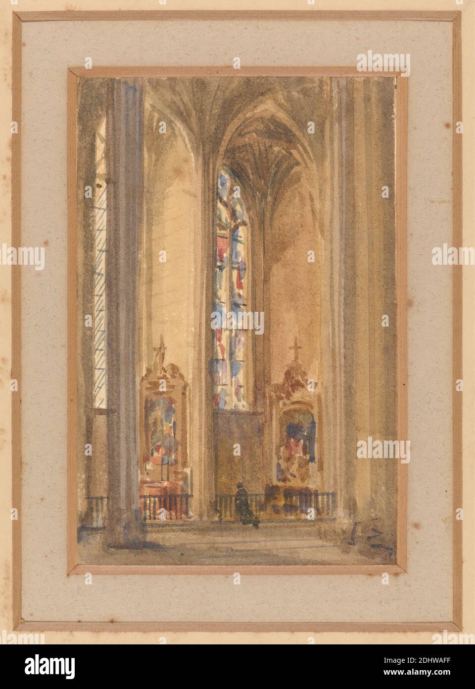 Interior of a Gothic Church, Augustus Welby Northmore Pugin, 1812–1852, British, Augustus Charles Pugin, 1762–1832, French, undated, Watercolor on moderately thick, moderately textured, cream wove paper, Sheet: 5 1/8 x 3 3/8 inches (13 x 8.6 cm), architectural subject, chapels, church, columns (architectural elements), Gothic (Medieval), interior, stained glass, windows, woman Stock Photo