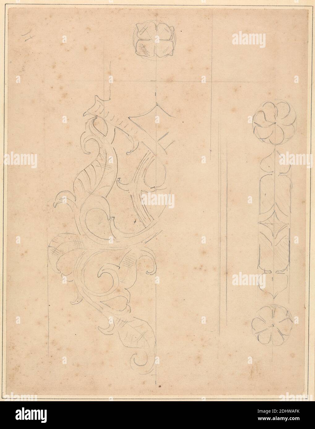 Designs for Gothic Ornamentation, Augustus Welby Northmore Pugin, 1812–1852, British, Augustus Charles Pugin, 1762–1832, French, undated, Graphite and pen and brown ink on medium, smooth, cream wove paper, Sheet: 7 1/4 × 5 1/2 inches (18.4 × 14 cm), Mount: 7 1/2 × 5 7/8 inches (19.1 × 14.9 cm), and Mount: 10 1/4 × 8 3/4 inches (26 × 22.2 cm), architectural subject, designs, Gothic (Medieval), leaves, ornamentation Stock Photo