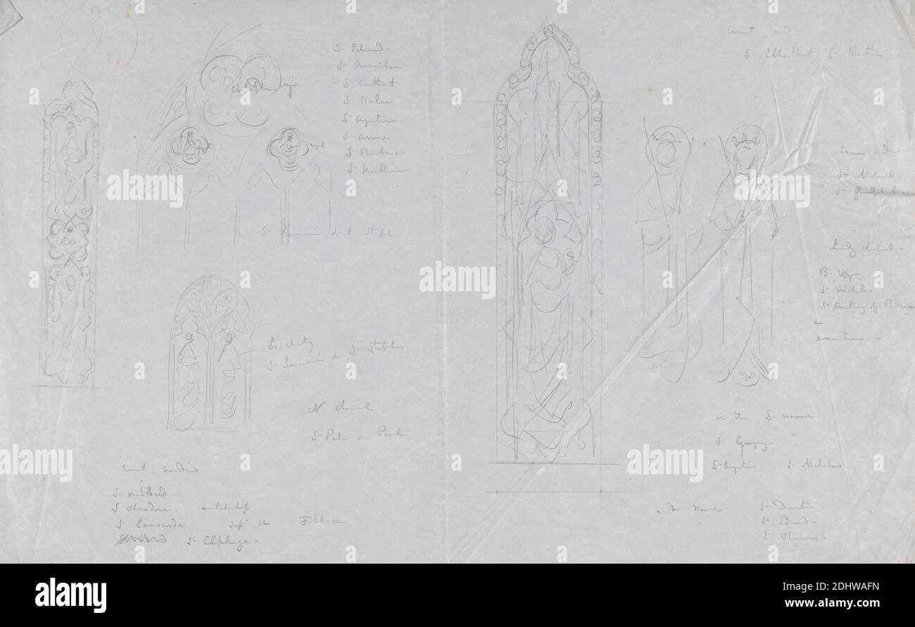 Designs for Gothic Stained Glass Windows, Augustus Welby Northmore Pugin, 1812–1852, British, Augustus Charles Pugin, 1762–1832, French, undated, Graphite on thin, smooth, blue wove paper, Sheet: 9 7/8 x 15 7/8 inches (25.1 x 40.3 cm), arches, architectural subject, architecture, church, cinquefoil, design, Gothic (Medieval), iconography, stained glass, windows Stock Photo
