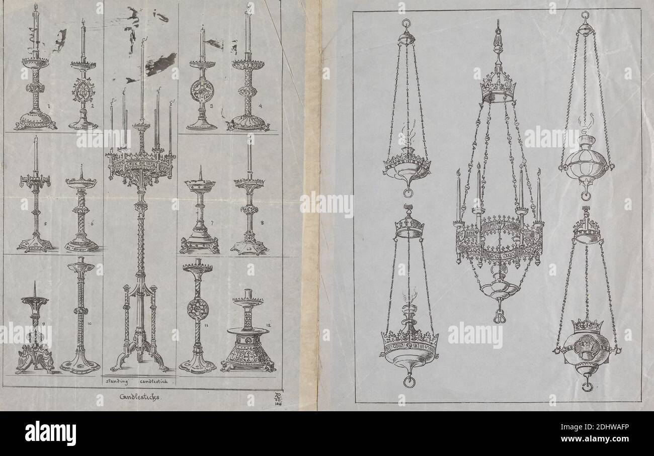 Designs for Gothic Standing Candlesticks and Incense Burners, Print made by Augustus Welby Northmore Pugin, 1812–1852, British, Augustus Charles Pugin, 1762–1832, French, 1846, Lithograph on thin, smooth, blue wove paper, Sheet: 10 1/4 x 16 3/4 inches (26 x 42.5 cm), architectural subject, candlesticks, designs, Gothic (Medieval), incense, incense burners Stock Photo