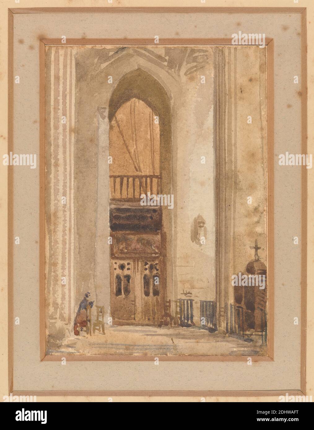 Interior of a Gothic Church, Augustus Welby Northmore Pugin, 1812–1852, British, Augustus Charles Pugin, 1762–1832, French, undated, Watercolor and graphite on moderately thick, moderately textured, cream wove paper, Sheet: 5 3/8 x 3 7/8 inches (13.7 x 9.8 cm), architectural subject, church, confessionals, Gothic (Medieval), interior, woman Stock Photo