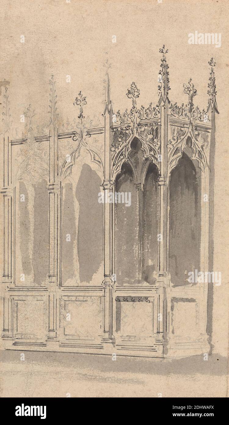 Design for a Gothic Screen, Augustus Welby Northmore Pugin, 1812–1852, British, Augustus Charles Pugin, 1762–1832, French, undated, Pen and black ink, gray wash, and graphite on medium, smooth, gray wove paper, Sheet: 7 7/8 × 4 5/8 inches (20 × 11.7 cm), architectural subject, designs, Gothic (Medieval), Screens (church decoration), screens (furniture Stock Photo