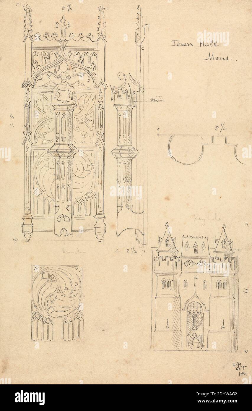 Designs for Town Hall Mons sic, Augustus Welby Northmore Pugin, 1812–1852, British, Augustus Charles Pugin, 1762–1832, French, 1851, Pen and black ink and graphite on medium, moderately textured, cream wove paper, Sheet: 9 1/4 × 6 1/4 inches (23.5 × 15.9 cm), architectural subject, architecture, design, Gothic (Medieval), town hall Stock Photo