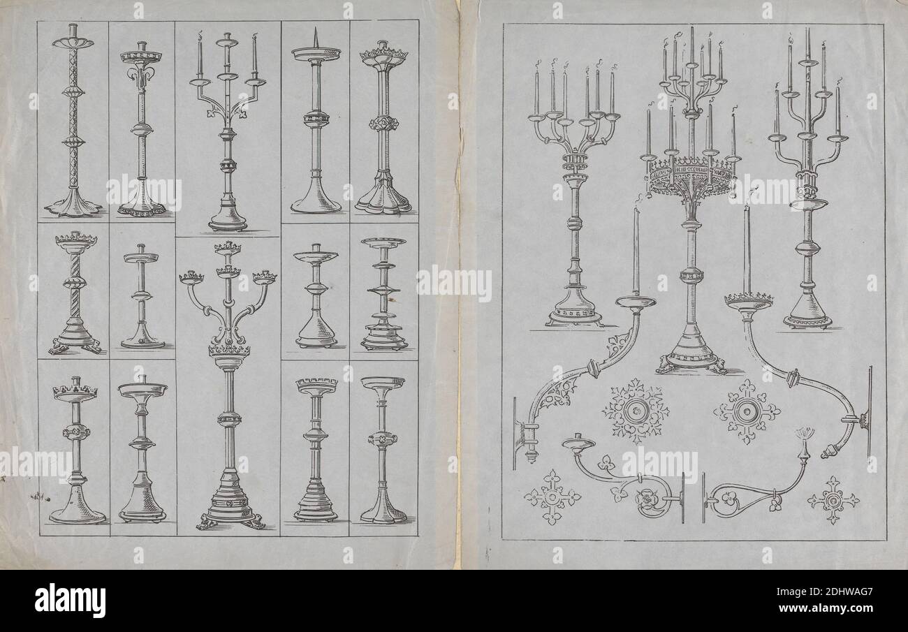 Designs for Gothic Candle Sticks and Branches, Print made by Augustus Welby Northmore Pugin, 1812–1852, British, Augustus Charles Pugin, 1762–1832, French, undated, Lithograph on smooth, thin, blue wove paper, Sheet: 10 3/8 × 16 5/8 inches (26.4 × 42.2 cm), architectural subject, candle branches, candlesticks, designs, Gothic (Medieval Stock Photo