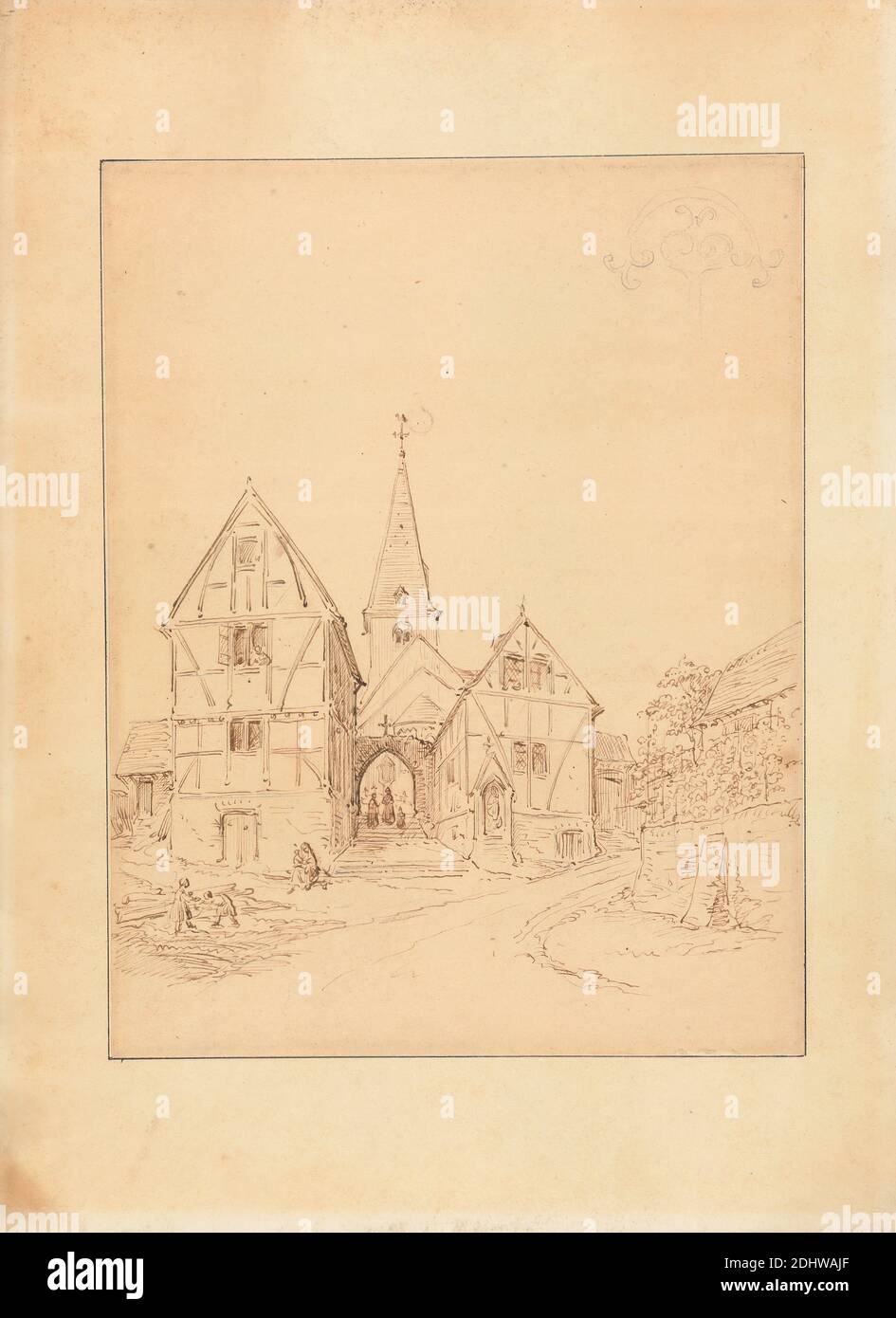 Sketch of a Small Gothic Church, with a Design for Gothic Ornamentation, Augustus Welby Northmore Pugin, 1812–1852, British, Augustus Charles Pugin, 1762–1832, French, undated, Pen and brown ink and graphite on smooth, thin, cream wove paper, Sheet: 7 3/4 × 6 inches (19.7 × 15.2 cm) and Mount: 10 3/4 × 7 3/4 inches (27.3 × 19.7 cm), architectural subject, church, crucifix, Gothic (Medieval), ornamentation, people, road, steeple, trees Stock Photo