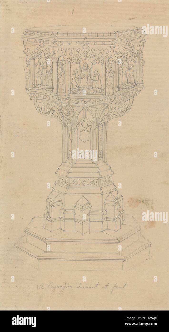 Design for a Baptismal Font, Augustus Welby Northmore Pugin, 1812–1852, British, And Augustus Charles Pugin, 1762–1832, French, undated, Graphite on medium, slightly textured, cream laid paper, Sheet: 10 × 5 1/2 inches (25.4 × 14 cm), architectural subject, baptismal fonts, Christian, design, foils (arcs), Gothic (Medieval), icons, quatrefoils Stock Photo