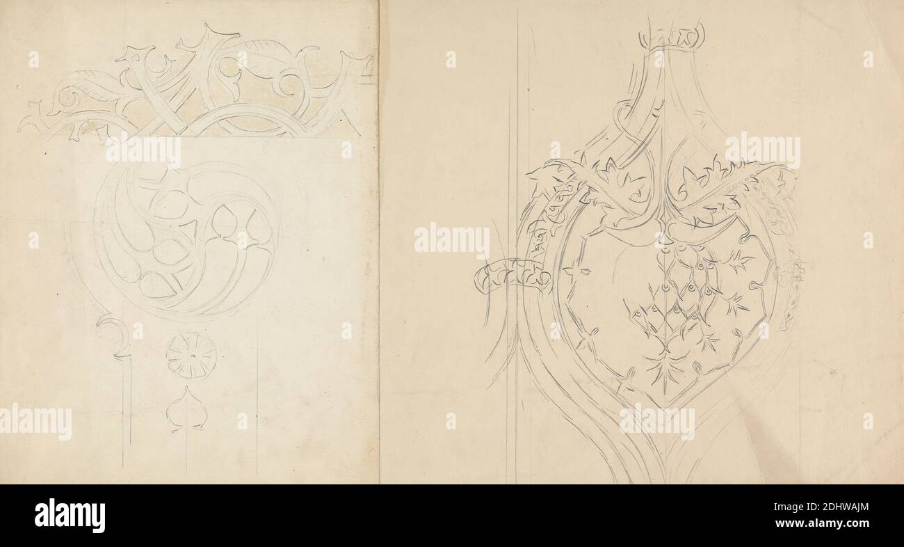 Designs for Gothic Ornamentation, Augustus Welby Northmore Pugin, 1812–1852, British, Augustus Charles Pugin, 1762–1832, French, undated, Graphite, brown wash, and pen and brown ink on moderately thick, smooth, cream wove paper with one fold mark, Sheet: 7 1/2 × 13 5/8 inches (19.1 × 34.6 cm), architectural subject, designs, Gothic (Medieval), ornamentation Stock Photo