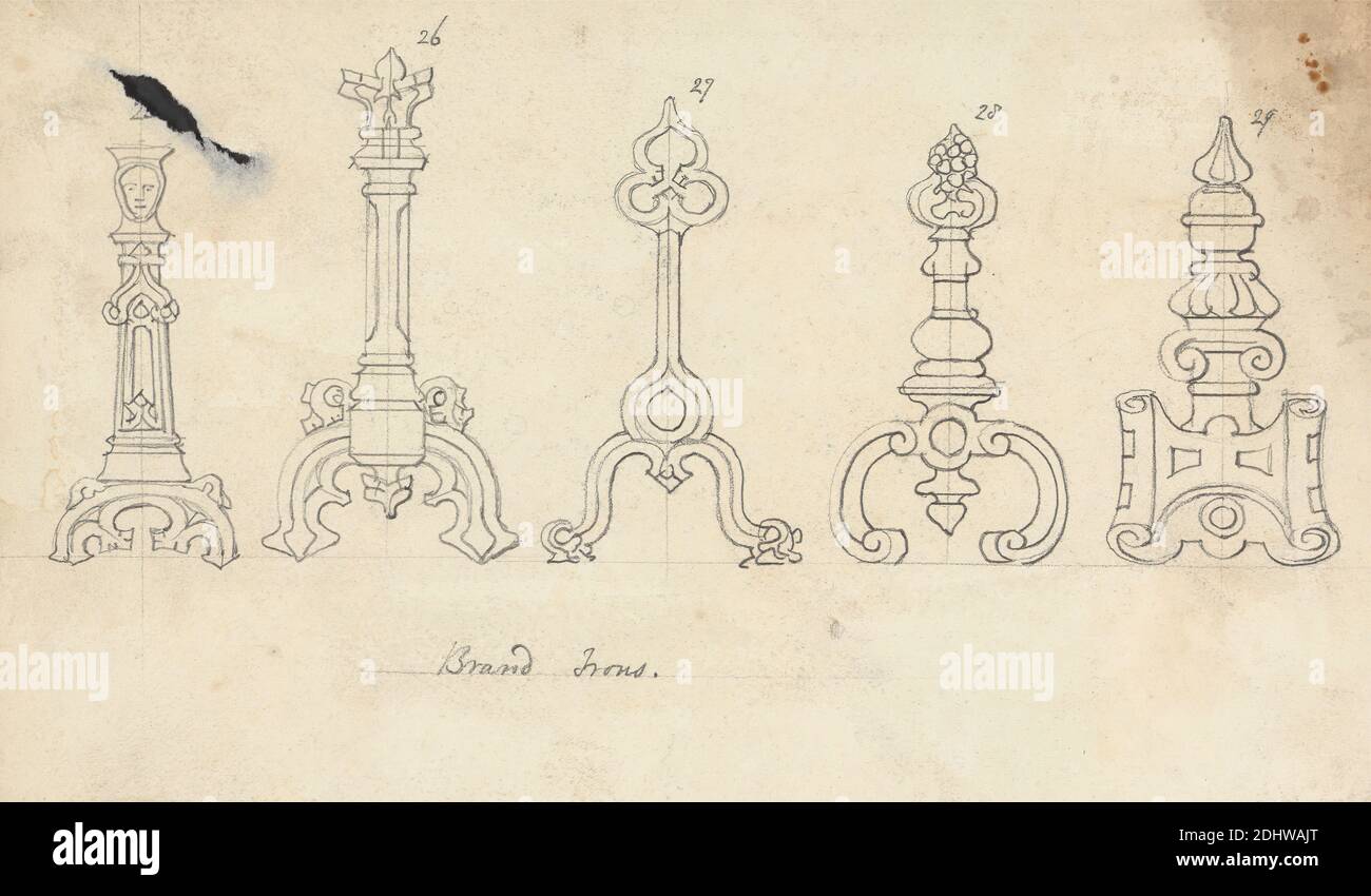 Designs for Fire Brand Irons, Augustus Welby Northmore Pugin, 1812–1852, British, Augustus Charles Pugin, 1762–1832, French, undated, Graphite on moderately thick, slightly textured, cream wove paper, Sheet: 4 7/8 × 8 1/8 inches (12.4 × 20.6 cm), architectural subject, brand irons, designs, face, Gothic (Medieval Stock Photo