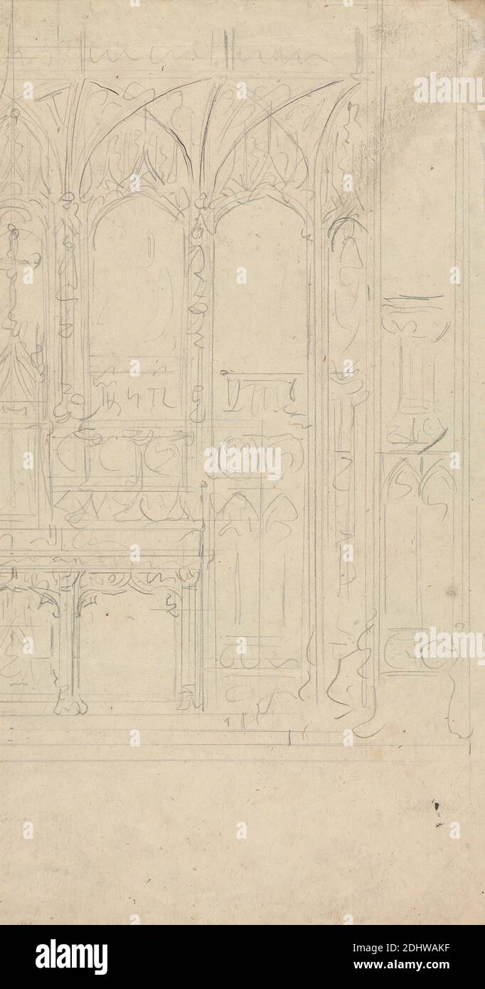 Design for Gothic Ornamentation, Augustus Welby Northmore Pugin, 1812–1852, British, Augustus Charles Pugin, 1762–1832, French, undated, Graphite on medium, slightly textured, cream wove paper, Sheet: 9 5/8 × 6 1/8 inches (24.4 × 15.6 cm), architectural subject, Gothic (Medieval), ornamentation, tracery Stock Photo