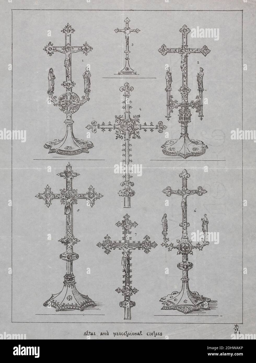 Designs for Altar and Processional Crosses, Augustus Welby Northmore Pugin, 1812–1852, British, Augustus Charles Pugin, 1762–1832, French, 1846, Lithograph on thin, smooth, blue wove paper, Sheet: 10 3/8 × 8 3/8 inches (26.4 × 21.3 cm), altar, architectural subject, Christ on the cross on Golgotha (alone, without bystanders), crosses, crucifixes, designs, Gothic (Medieval Stock Photo