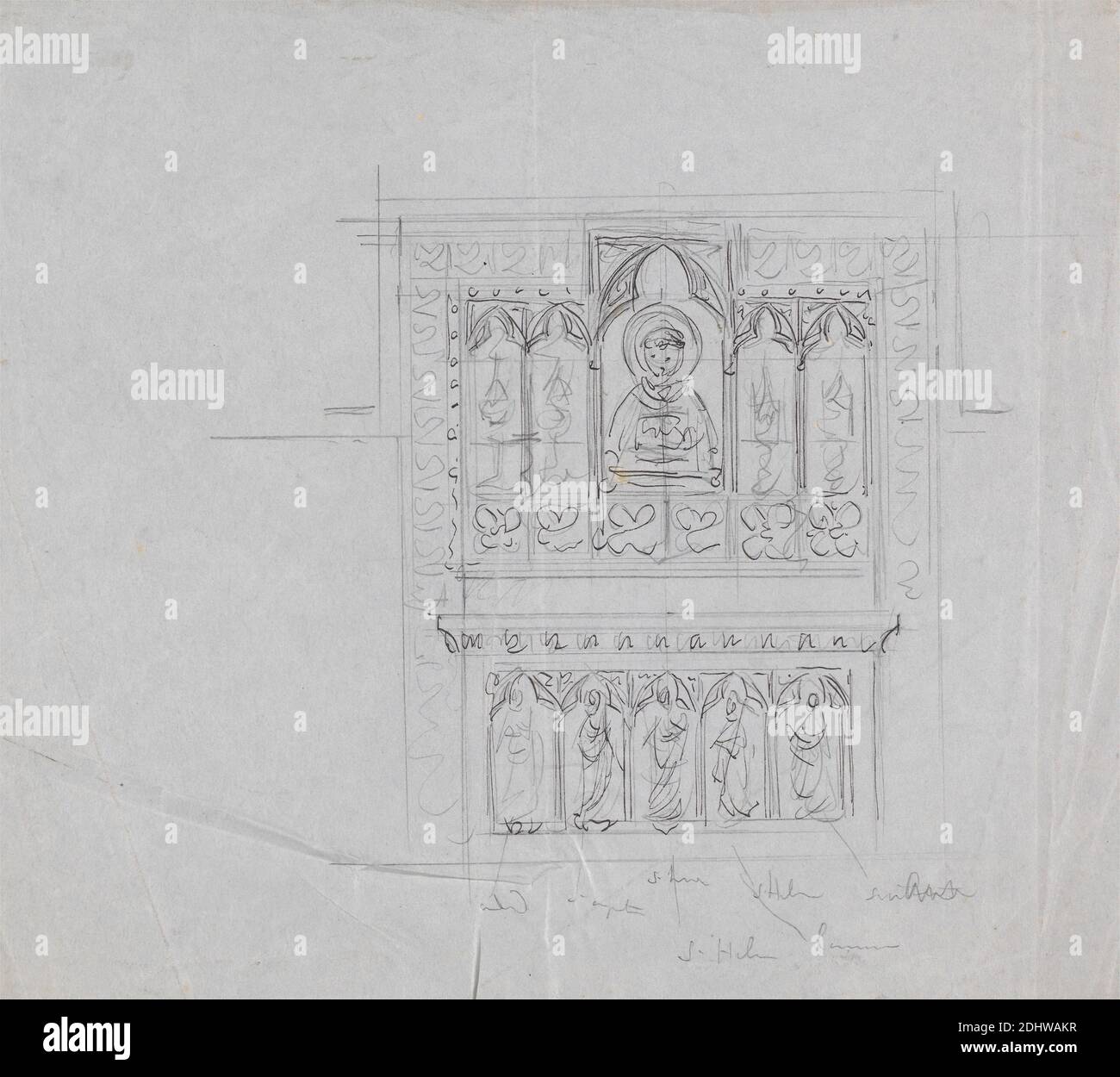 Design for a Stained Glass Window, Augustus Welby Northmore Pugin, 1812–1852, British, Augustus Charles Pugin, 1762–1832, French, undated, Pen and black ink and graphite on thin, smooth, blue wove paper, Sheet: 7 × 8 inches (17.8 × 20.3 cm), altar, architectural subject, Christian, designs, Gothic (Medieval), icons, saints, stained glass, windows Stock Photo