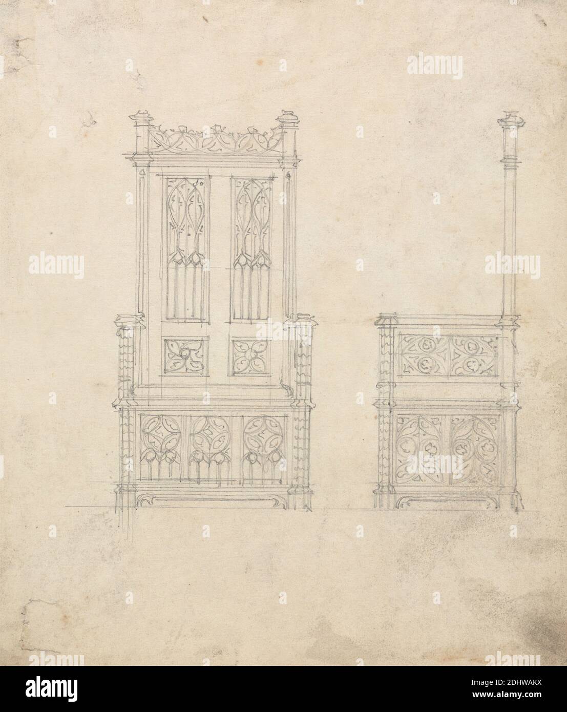 Design for a Gothic Chair, Front and Side Views, Augustus Welby Northmore Pugin, 1812–1852, British, Augustus Charles Pugin, 1762–1832, French, undated, Graphite on thin, slightly textured, cream wove paper, Sheet: 7 3/8 × 6 1/4 inches (18.7 × 15.9 cm), architectural subject, architecture, chair, design, Gothic (Medieval Stock Photo