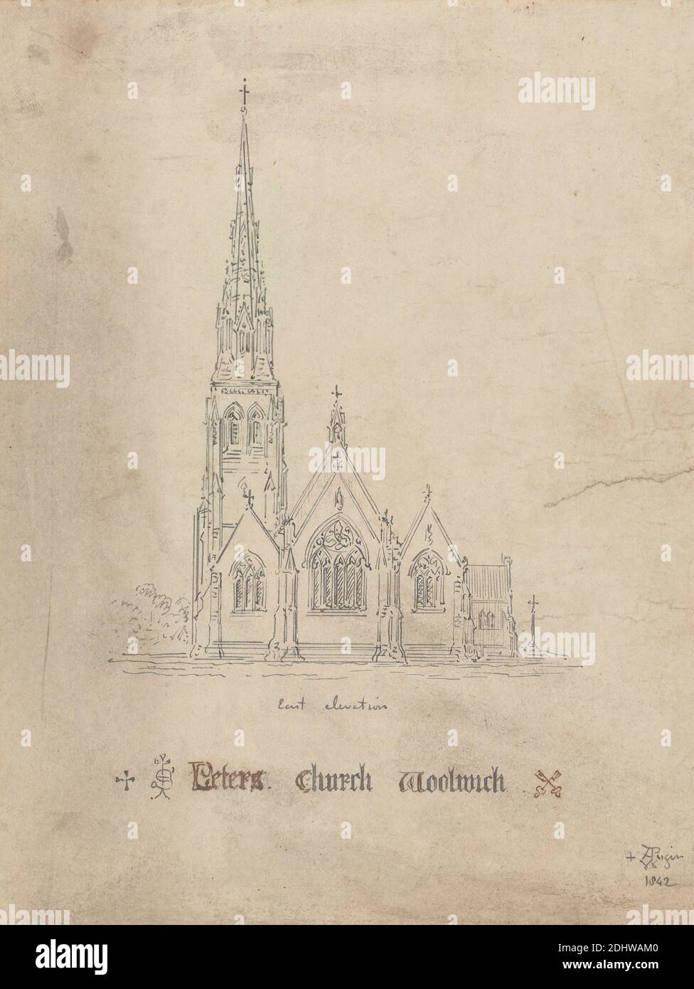 St. Peter's Church, Woolwich, Augustus Welby Northmore Pugin, 1812–1852, British, Augustus Charles Pugin, 1762–1832, French, 1842, Pen and gray ink and pen and brown ink on thick, slightly textured, cream wove paper, Sheet: 7 1/8 x 5 3/8 inches (18.1 x 13.7 cm), architectural subject, church, crucifix, elevations (drawings), Gothic (Medieval), steeple, Woolwich Stock Photo