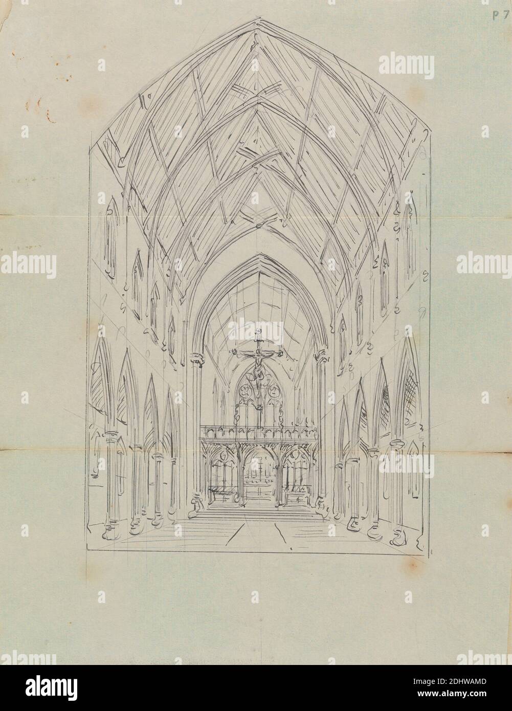 Sketch of the Interior of a Gothic Church, Augustus Welby Northmore Pugin, 1812–1852, British, Augustus Charles Pugin, 1762–1832, French, undated, Pen and gray ink and graphite on thin, smooth, cream wove paper, Sheet: 9 3/4 x 7 3/4 inches (24.8 x 19.7 cm), altar, architectural subject, church, cross (object), Gothic (Medieval), interior Stock Photo