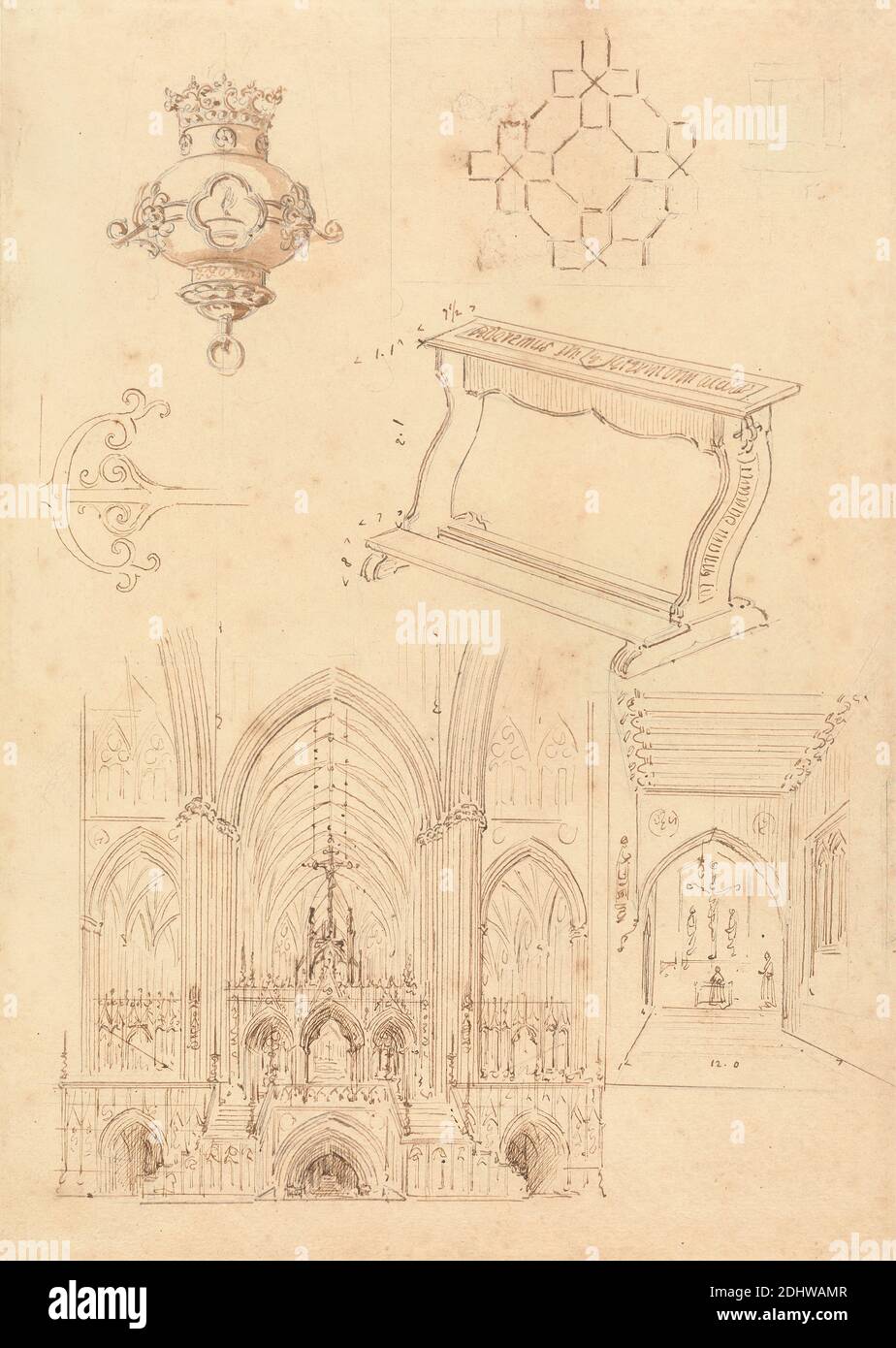 Designs for Gothic Ornamentation, a Kneeler, and Two Sketches of the Interiors of Gothic Churches, Augustus Welby Northmore Pugin, 1812–1852, British, Augustus Charles Pugin, 1762–1832, French, undated, Pen and brown ink, brown wash, and graphite on moderately thick, moderately textured, beige wove paper, Sheet: 11 1/8 × 7 7/8 inches (28.3 × 20 cm), architectural subject, churches, designs, Gothic (Medieval), interiors, kneelers (religious building fixtures), ornamentation Stock Photo