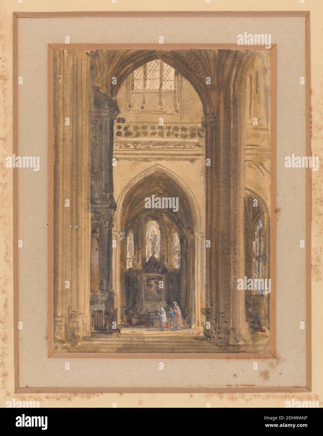 Interior of a Gothic Church, Augustus Welby Northmore Pugin, 1812–1852, British, Augustus Charles Pugin, 1762–1832, French, undated, Watercolor on moderately thick, moderately textured, cream wove paper, Sheet: 5 1/4 × 3 3/4 inches (13.3 × 9.5 cm), architectural subject, chapels, church, columns (architectural elements), Gothic (Medieval), interior, people, windows, worship Stock Photo