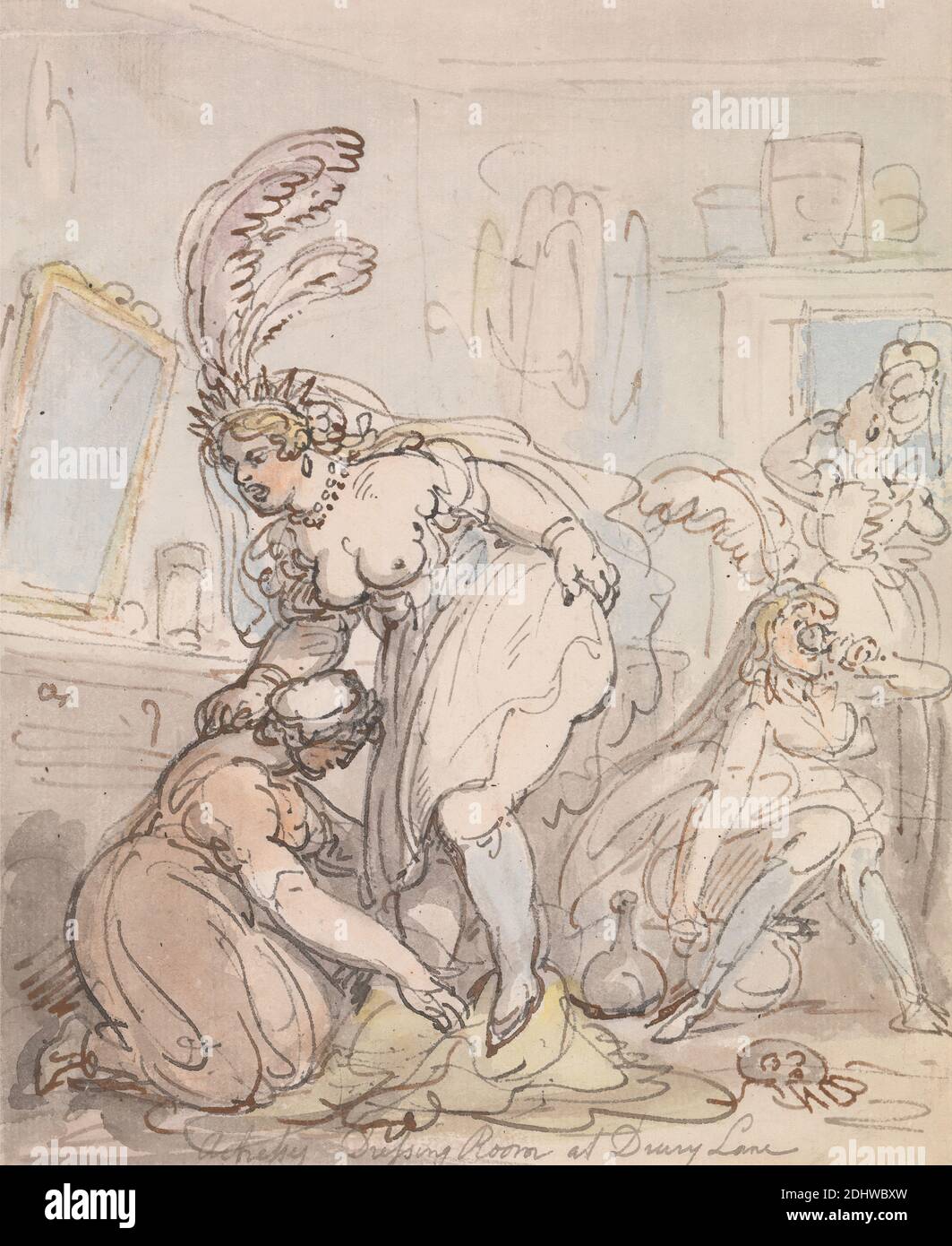 The Actresses Dressing Room at Drury Lane, Thomas Rowlandson, 1756–1827, British, between 1800 and 1810, Watercolor with pen and red-brown and gray ink, over graphite on medium, moderately textured, blued white, laid paper, Sheet: 7 3/8 x 6 inches (18.7 x 15.2 cm), actresses, dresses, dressing room, drinking, Feathers, food, genre subject, mirror, vanity, Covent Garden, Drury Lane, England, Europe, Greater London, London, United Kingdom, Westminster Stock Photo