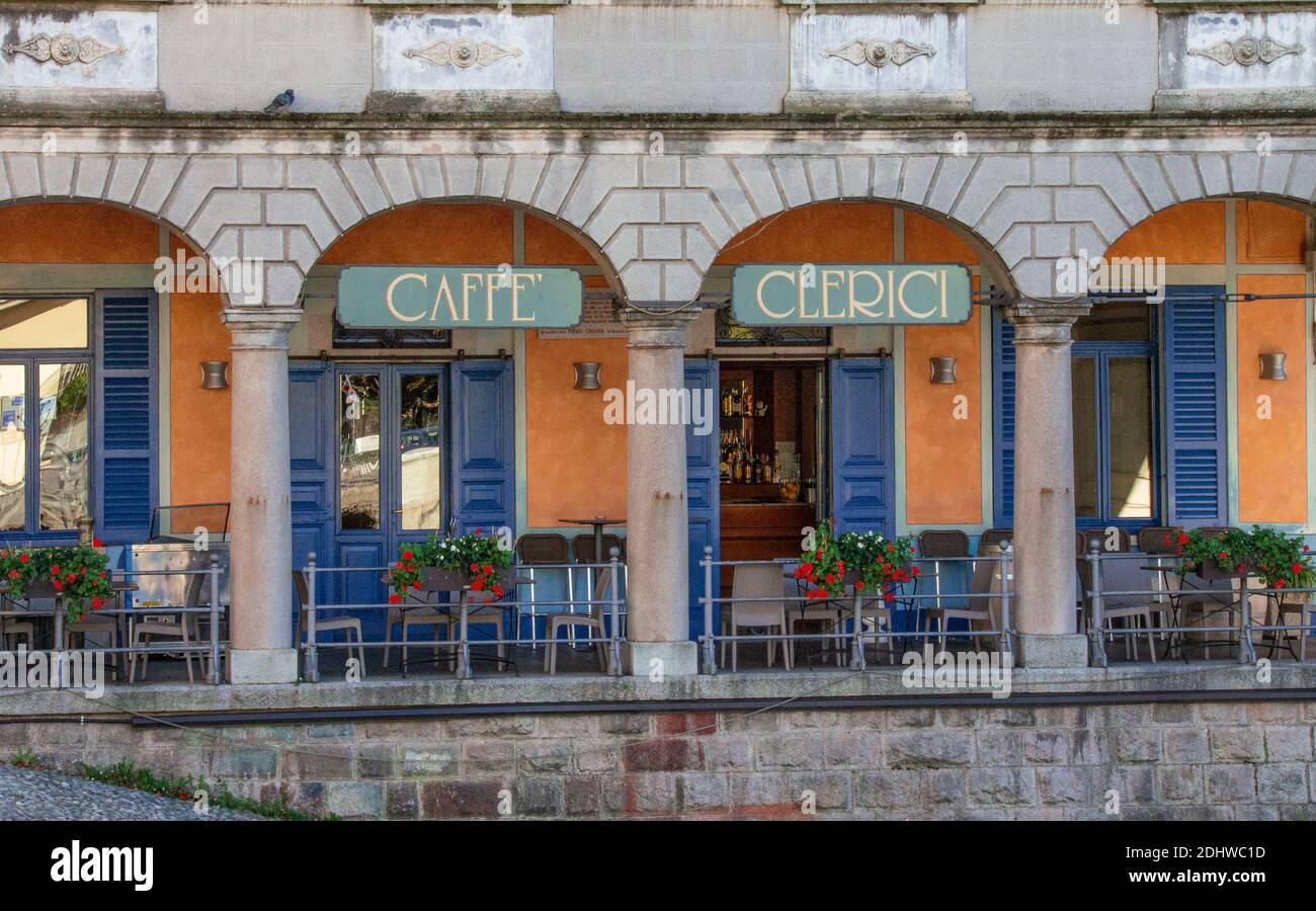 Caffè Clerici is a historic bar overlooking Lake Maggiore, where the writer Piero Chiara wrote many pages of his novels.Luino, Italy Stock Photo
