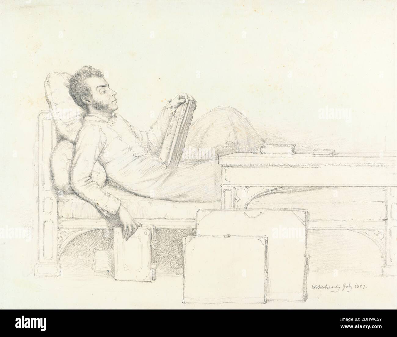 Self-Portrait of the Artist Reclining on a Gothic Couch Reading a Book, William Mulready, 1786–1863, Irish, 1827, Graphite on medium, slightly textured, cream wove paper, Sheet: 8 5/8 × 11 inches (21.9 × 27.9 cm), artist, books, couch, decorative arts, furniture, Gothic decorative arts, hair, man, pillows, portfolios (containers), portrait, self-portrait, shirt, sketchpads, table, waistcoat Stock Photo