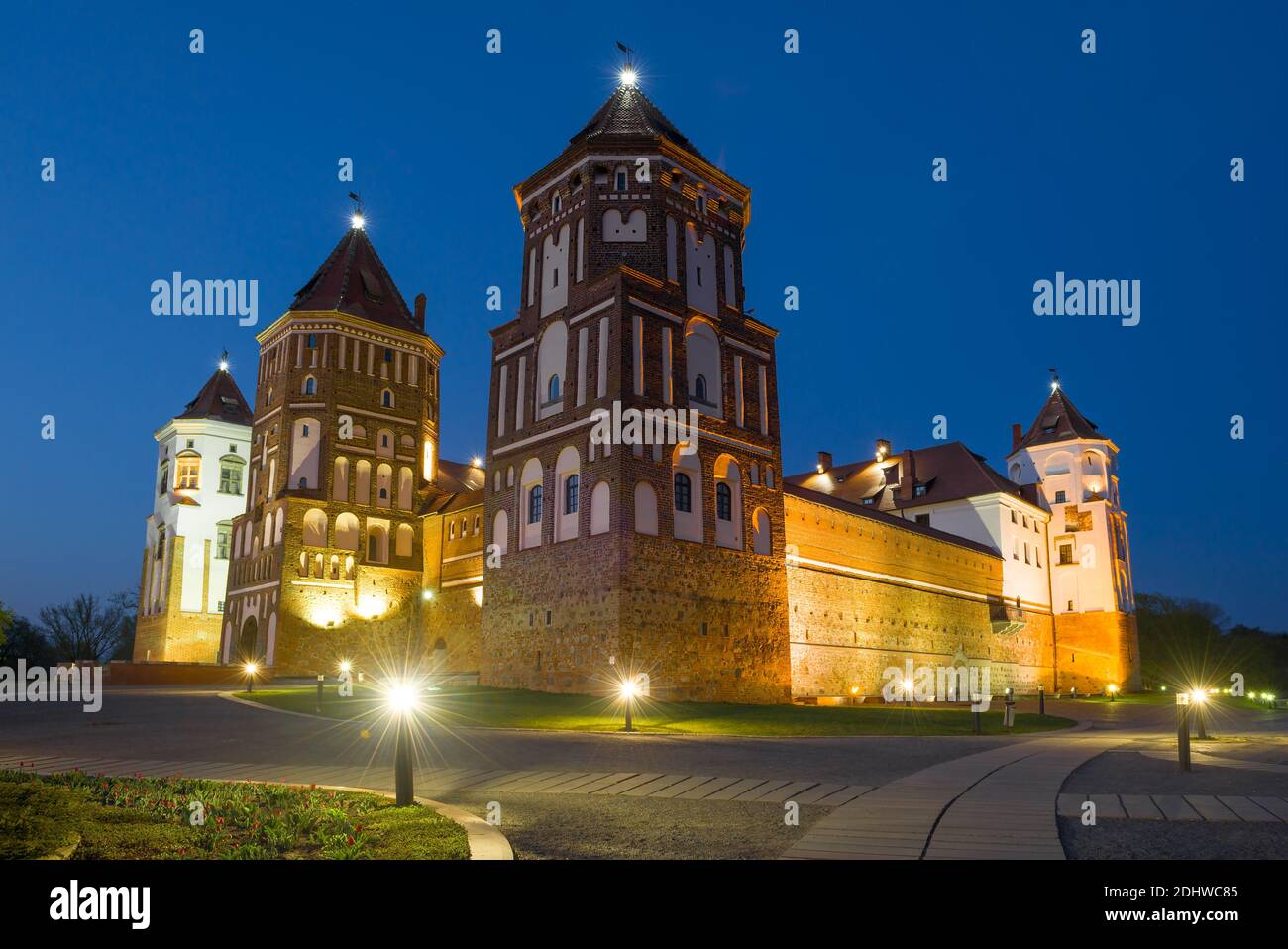 At the Mir Castle on May evening. Mir, Belarus Stock Photo