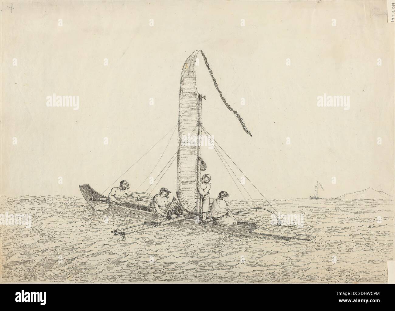 A Sailing Canoe of Otaheite, John Webber, 1752–1793, British, 1792, Graphite; verso: transferred soft ground on thin, slightly textured, cream wove paper, Sheet: 12 1/2 × 17 1/2 inches (31.8 × 44.5 cm Stock Photo