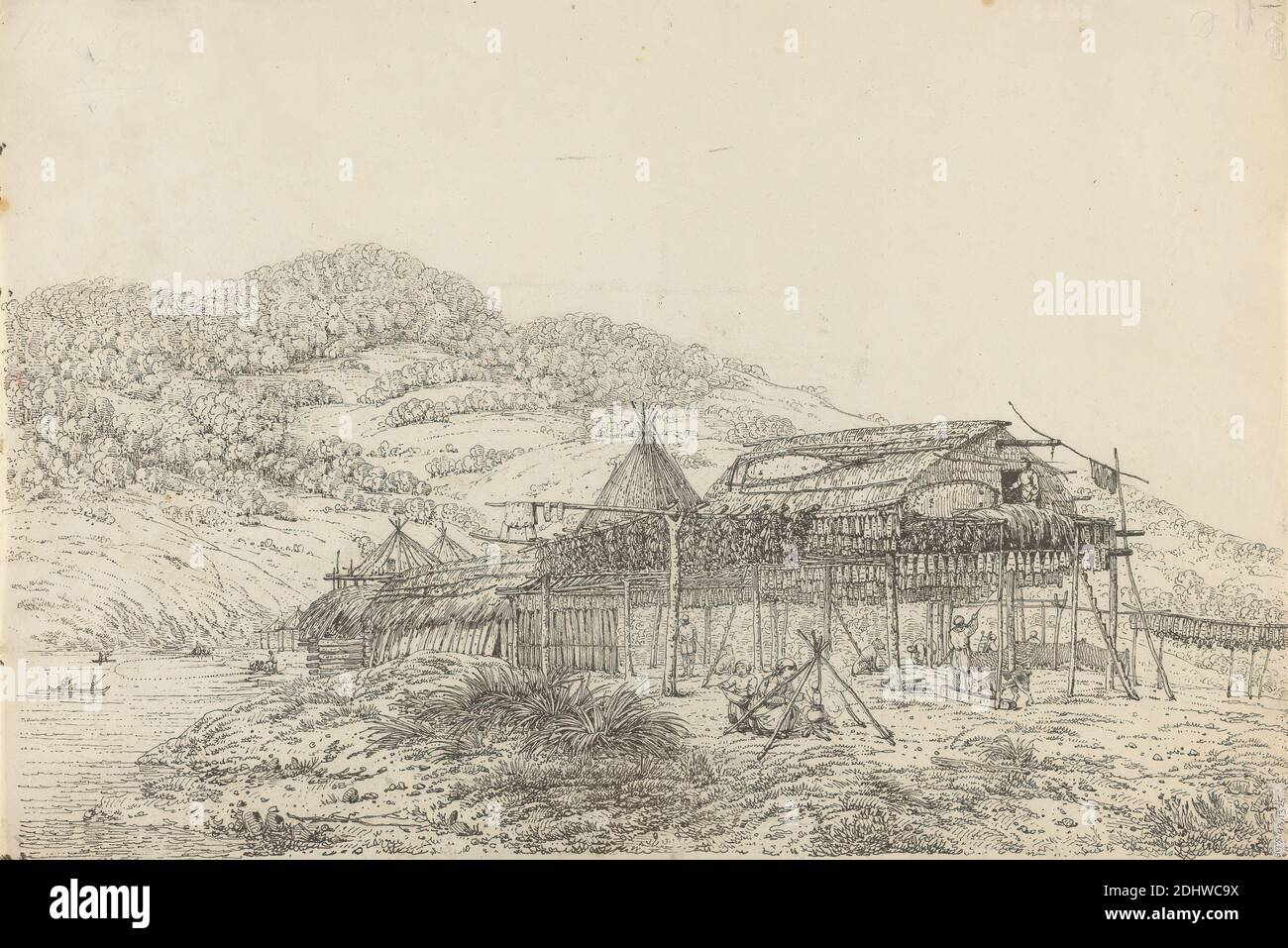 The Balagans or Summer Habitations, with the Method of Drying Fish, at St. Peter and Paul, Kamtschatka, John Webber, 1752–1793, British, 1792, Graphite; verso: transferred soft ground on thin, slightly textured, cream wove paper, Sheet: 11 5/8 × 17 1/8 inches (29.5 × 43.5 cm), architectural subject Stock Photo