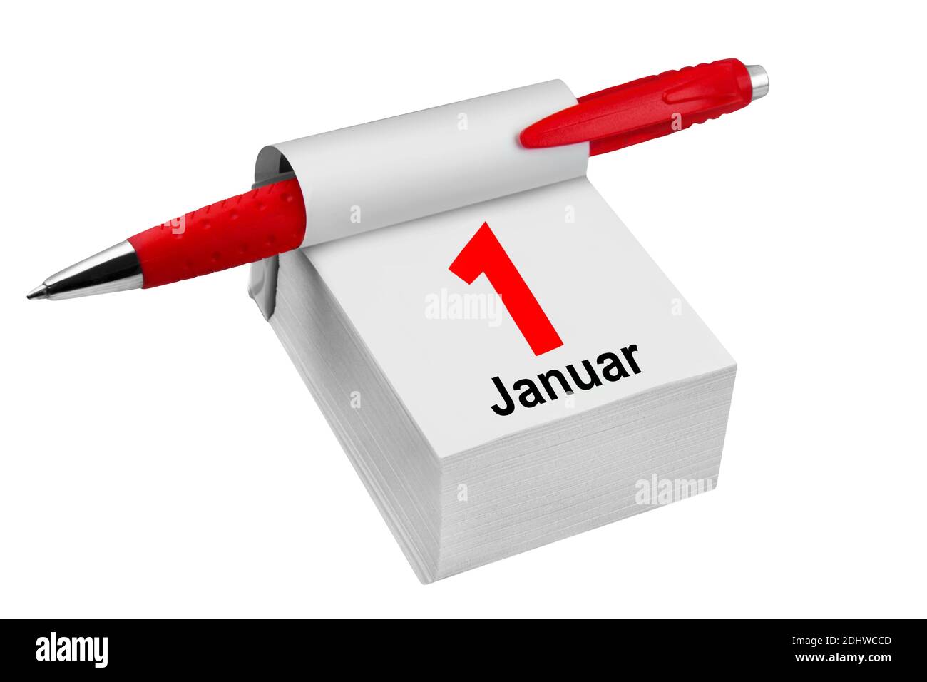 Kalender 1. Januar und roter Kugelschreiber Stock Photo