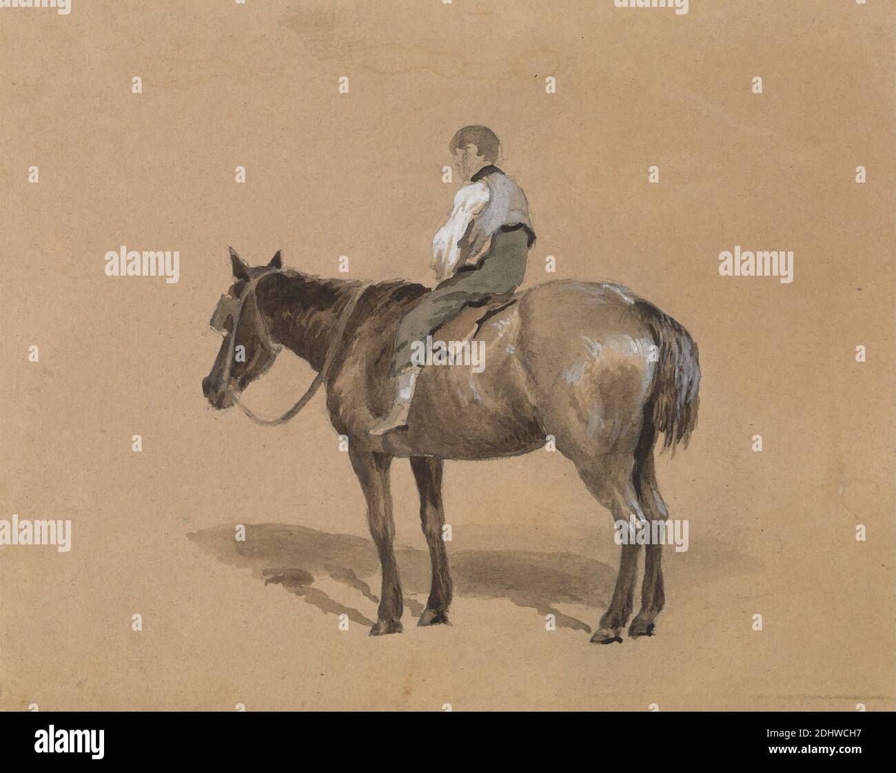 Stable Boy on a Pony, Arthur James Stark, 1831–1902, British, undated, Watercolor, gouache, and graphite on medium, smooth, beige wove paper, Sheet: 5 1/2 × 6 7/8 inches (14 × 17.5 cm), animal art, boy, bridle, horse (animal), pony (animal), reins, saddle, sporting art, vest Stock Photo