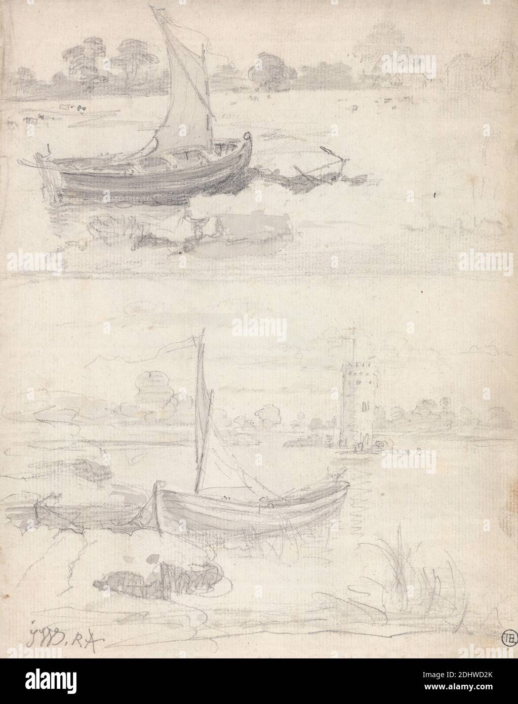 Studies of Boats on a Riverside, James Ward, 1769–1859, British, undated, Graphite and gray wash on medium, slightly textured, blued white laid paper mounted on medium, slighlty textured, beige paper, Sheet: 9 1/8 x 7 1/4 inches (23.2 x 18.4 cm) and Mount: 11 1/2 × 11 1/2 inches (29.2 × 29.2 cm), boats, marine art, river, studies (visual works), tower (building division Stock Photo