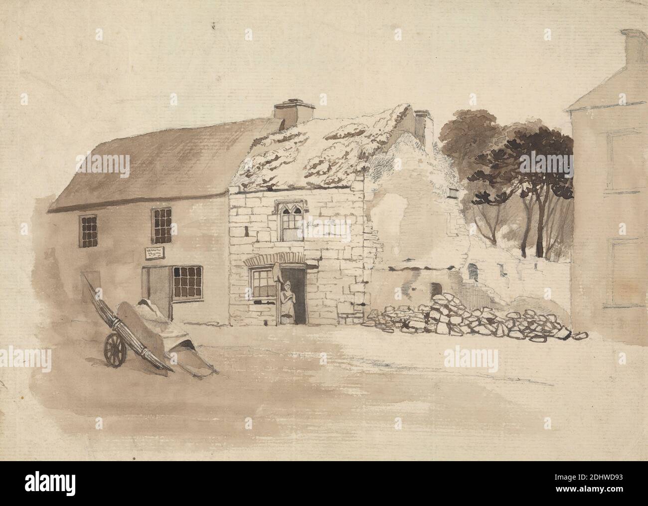 Houses at Kilmallock, Thomas Crofton Croker, 1798–1854, British, undated, Pen and black ink, brown ink, brown wash, and graphite on medium, moderately textured, beige laid paper, Sheet: 6 3/4 × 9 1/8 inches (17.1 × 23.2 cm), architectural subject, figure, houses, rubble, trees, Europe, Kilmallock, Limerick Stock Photo