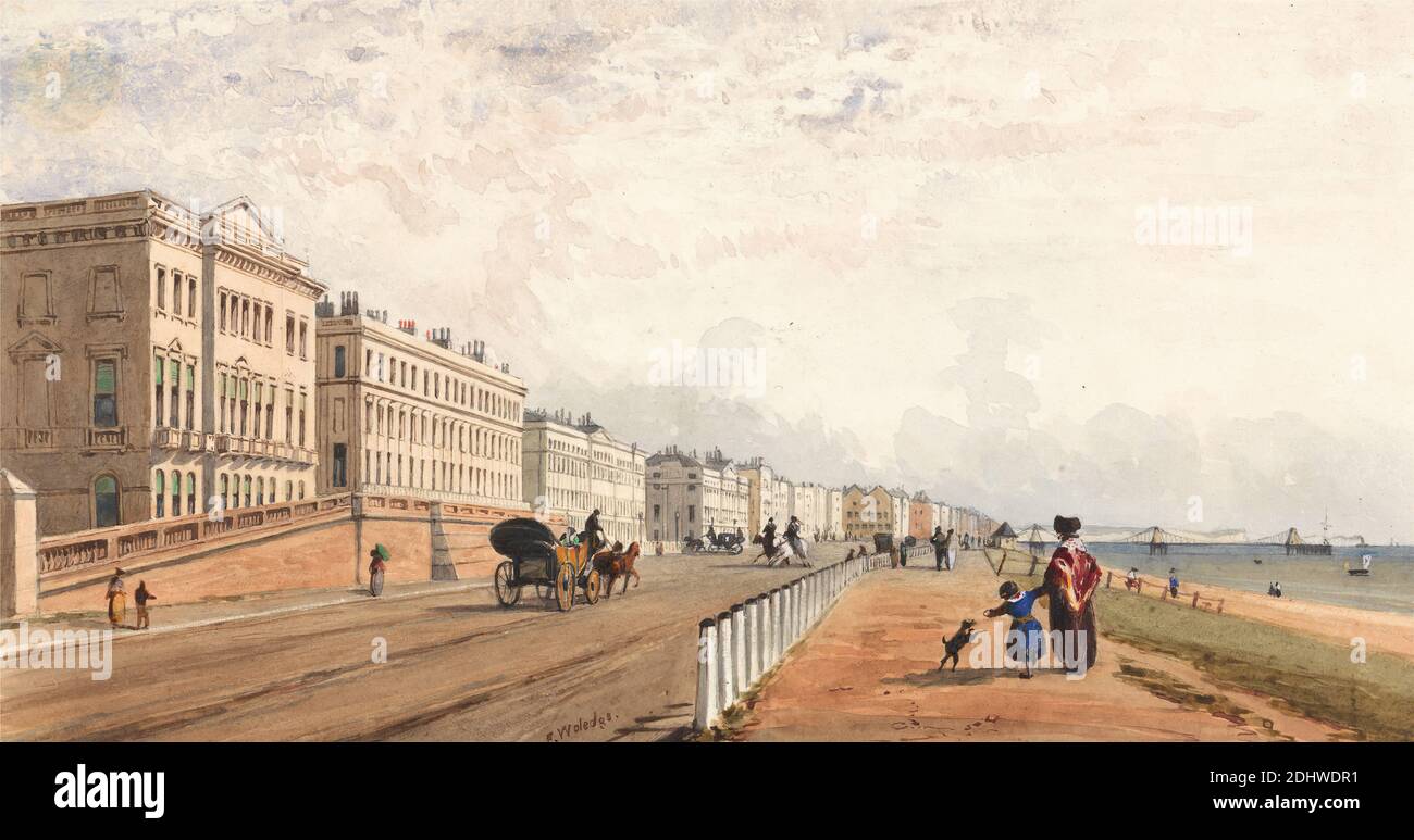 Brighton: the front and the chain pier seen in the distance, Frederick William Woledge, active 1840, British, undated, Graphite, pen and ink, gum arabic, watercolor, gouache on medium, slightly textured, cream wove paper, Sheet: 5 3/8 × 10 inches (13.7 × 25.4 cm), architectural subject, carriages, cityscape, coast, pedestrians, piers (marine landings), Brighton, Brighton Pier, East Sussex, England, The Royal Suspension Chain Pier, United Kingdom Stock Photo