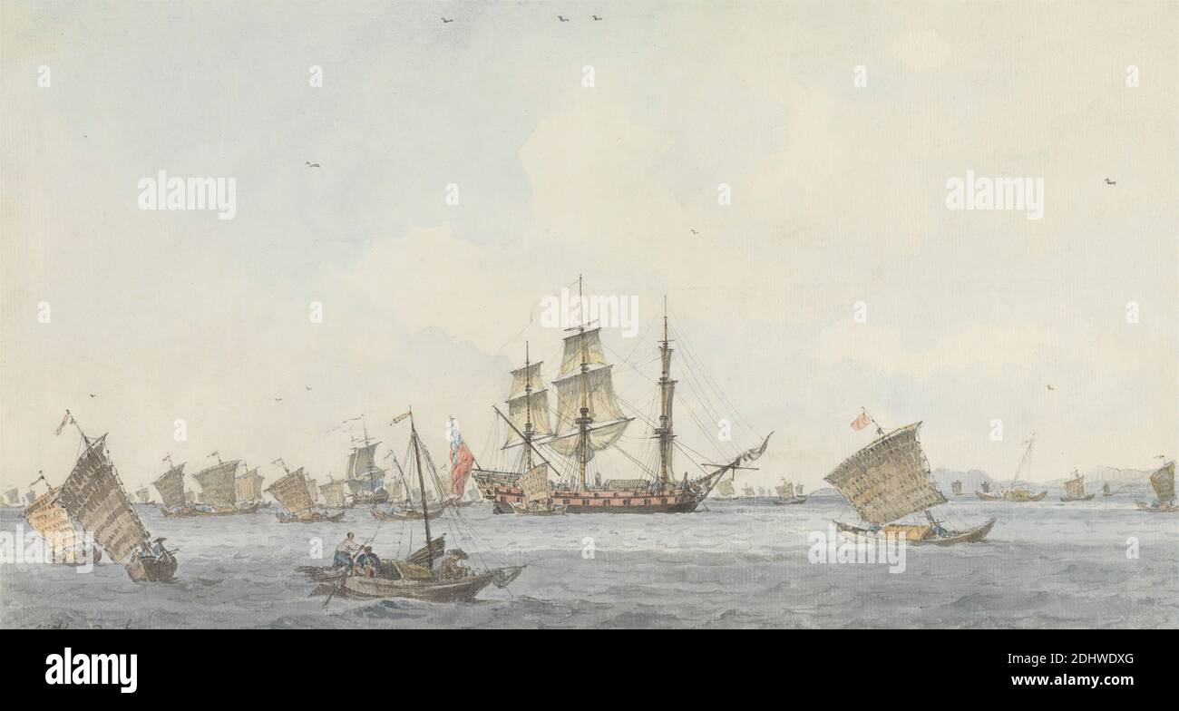 The Hindostan at Anchor in the Strait of Mi-a-tau of the City of Ten-choo-fou at the Entrance to the Gulf of Pekin, William Alexander, 1767–1816, British, 1793, Watercolor, pen and brown ink, and graphite on medium, slightly textured, blued white laid paper, Sheet: 8 1/8 x 15 1/16 inches (20.6 x 38.2 cm), East Indiaman, flags, gulf, marine art, men, Royal Navy, sailboats, seamen, ships, strait, wind, Asia, China Stock Photo