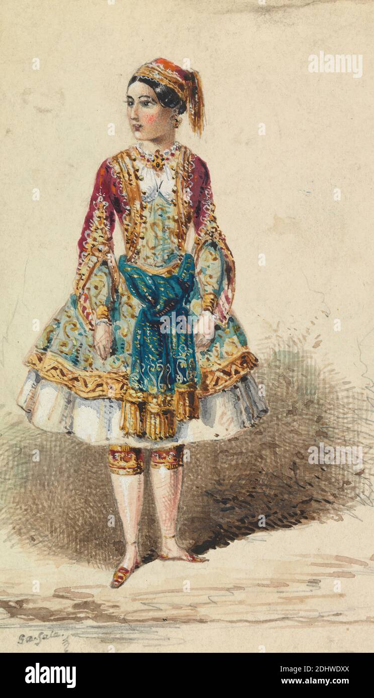 Girl in Near-Eastern Costume, George Augustus Sala, 1828–1895, British,  undated, Watercolor, gouache, and graphite on medium, slightly textured,  cream wove paper mounted thick, smooth, cream wove paper, Sheet: 5 1/2 x 3