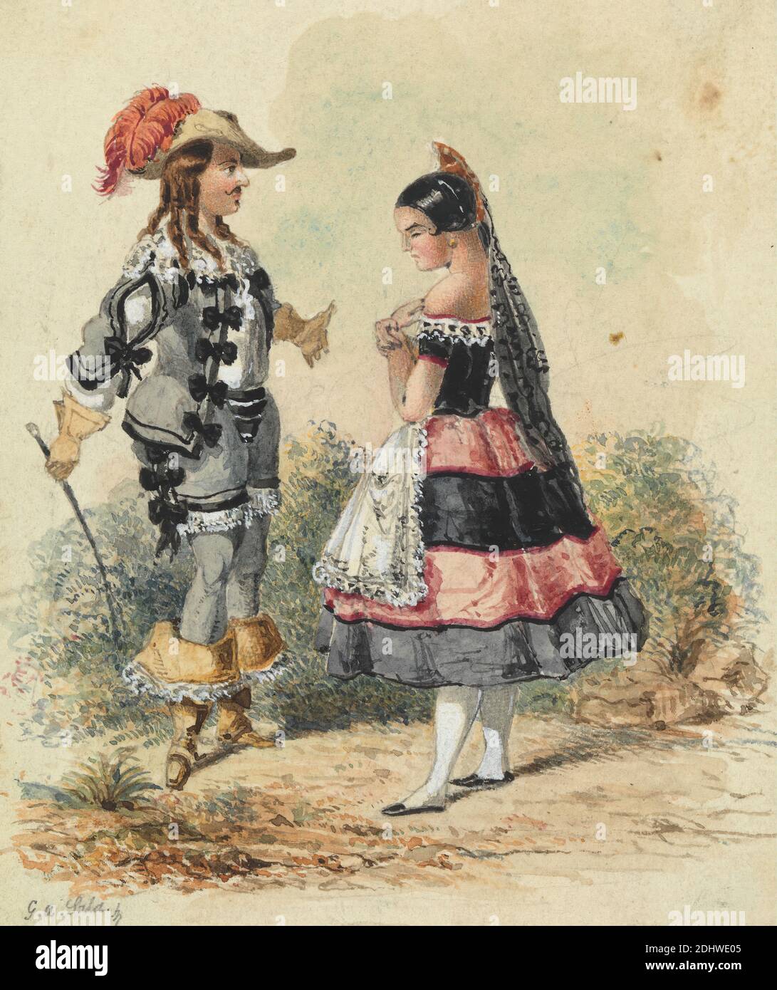 Cavalier and Maid in Spanish Costume, George Augustus Sala, 1828–1895,  British, undated, Watercolor, gouache, and graphite on medium, slightly  textured, cream wove paper, Sheet: 5 3/16 × 4 3/8 inches (13.2 ×