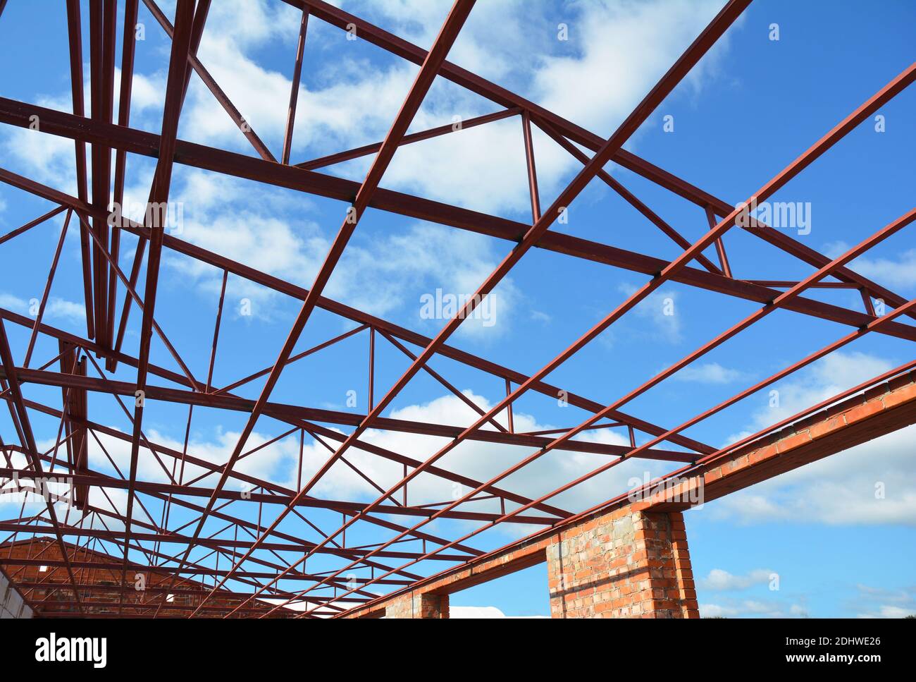 Steel Roof Trusses. Roofing Construction. Metal Roof Frame House Construction with Steel Roof Trusses Details. Stock Photo