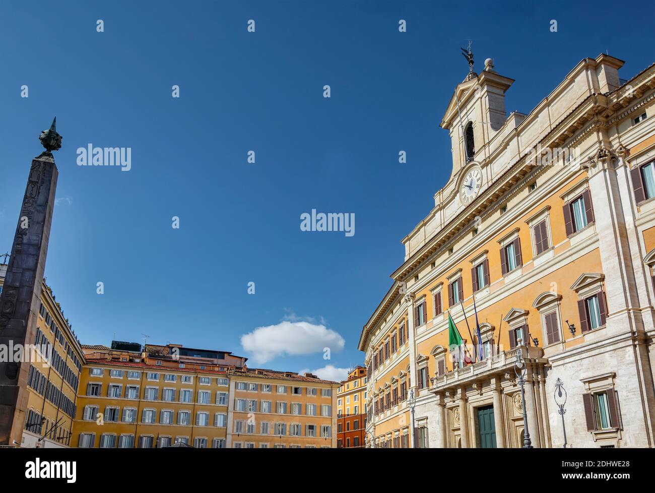 Piazza Montecitorio in Rome with the Egyptian obelisk in front of the facade of the Montecitorio palace, seat of the Italian parliament Stock Photo