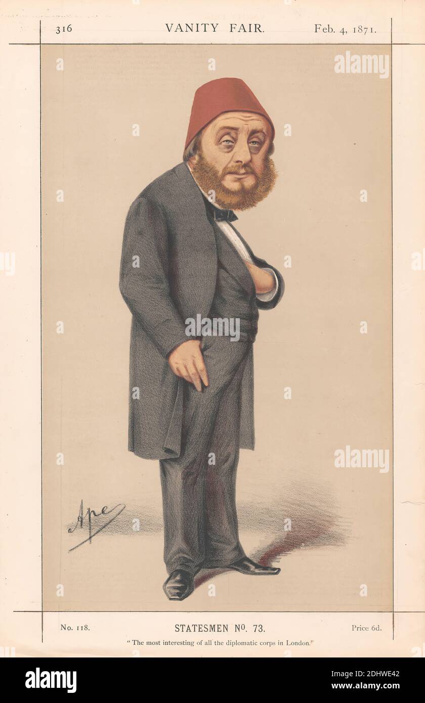 One of a set; VANITY FAIR, Ambassadors of England: The most interesting of all the Diplomatic Corps in London, Mr. Musurus, 4 February 1871, Carlo Pellegrini, 1839–1889, Italian, 1871, Chromolithograph Stock Photo