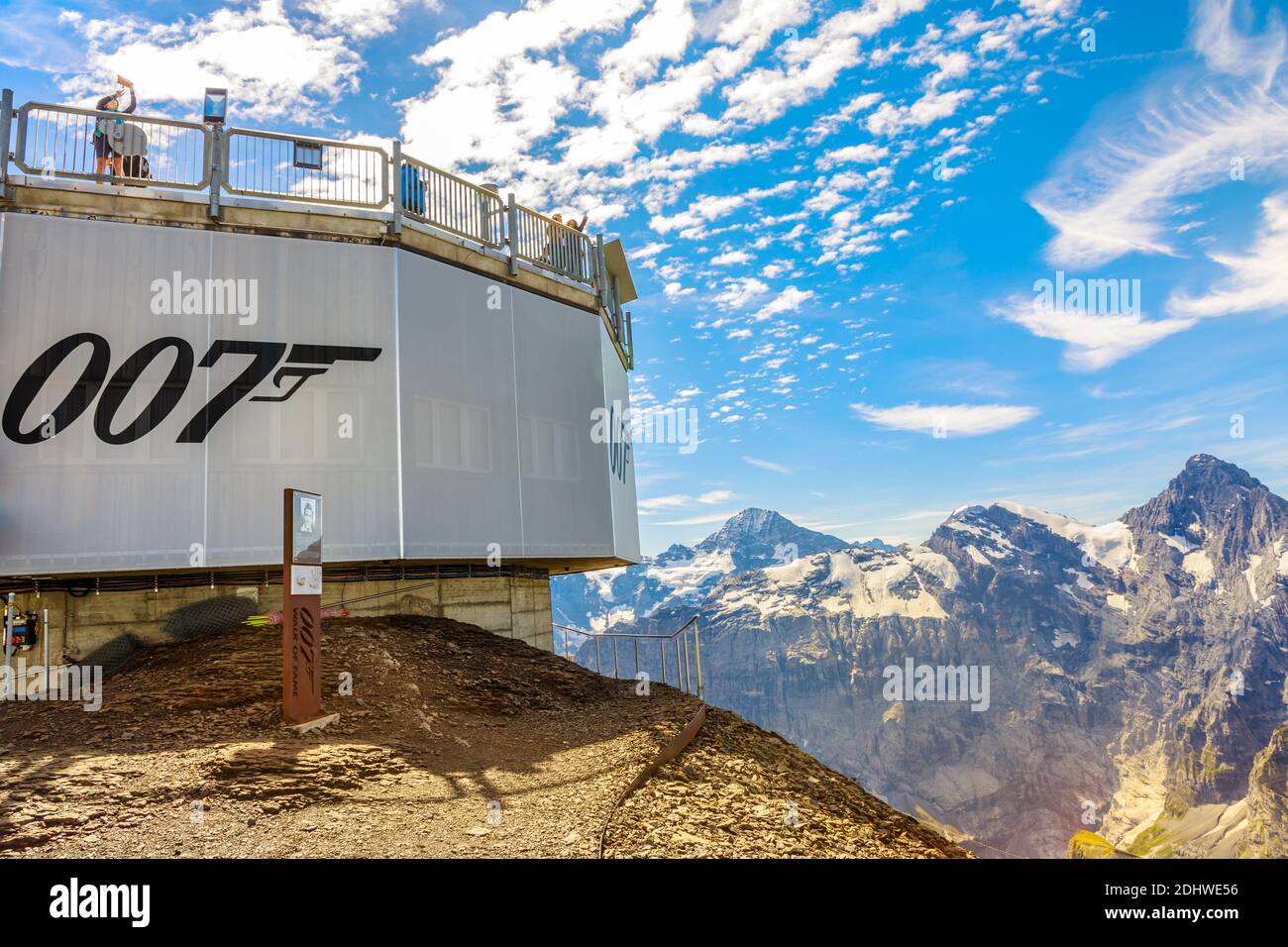 Schilthorn,Murren,Switzerland - Aug 19, 2020: 360 view platform at Piz Gloria at 2970 meters. Summit of Schilthorn famous for 007 James Bond movie Stock Photo