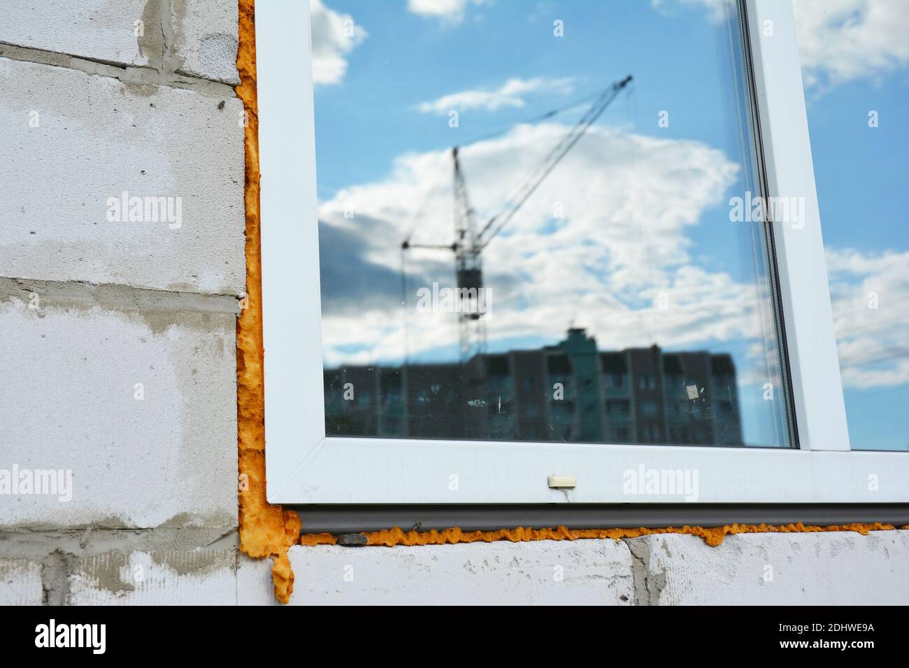 New Window Construction with Insulation. Window installation and Replacement Details. Stock Photo