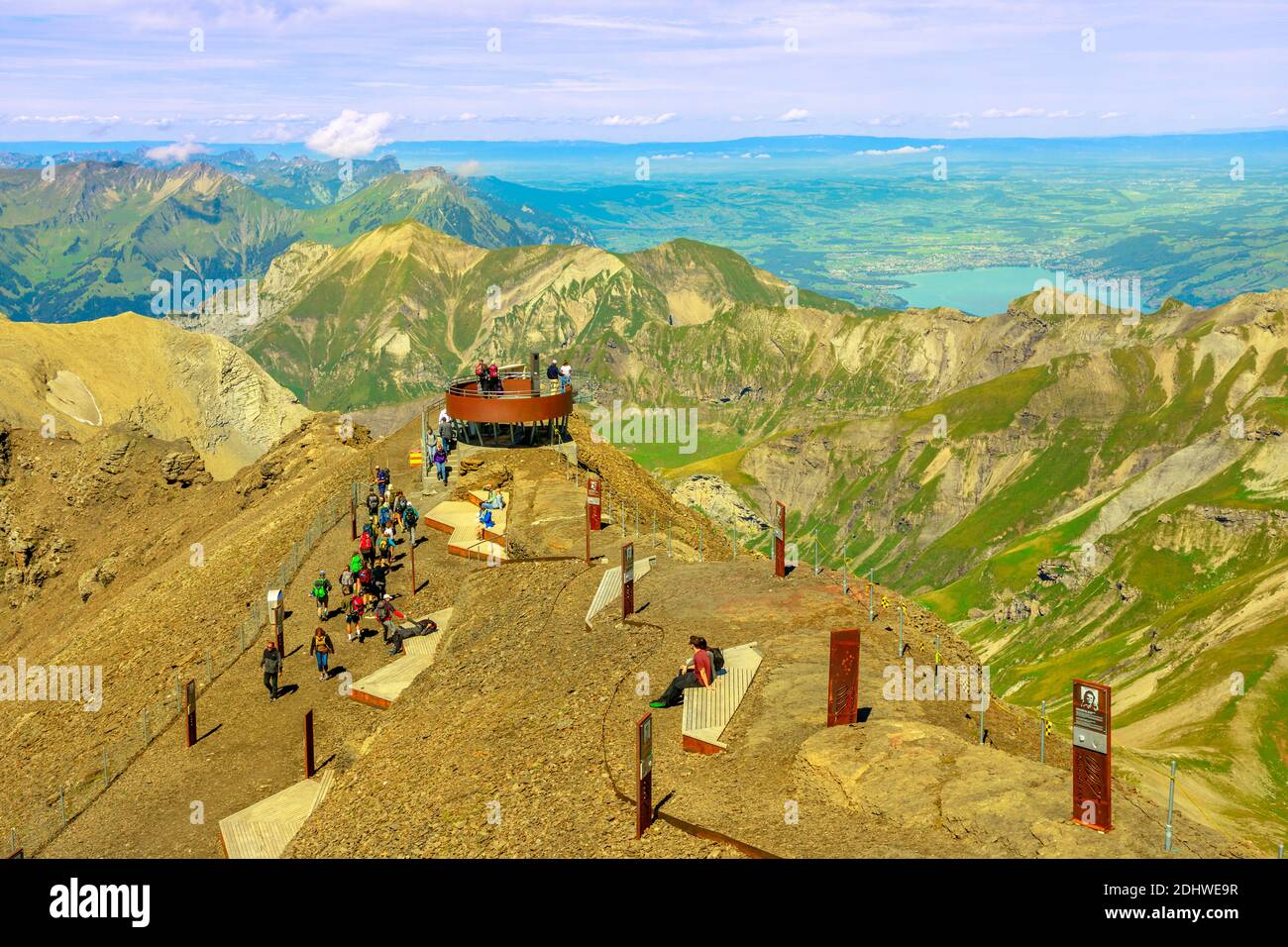 Schilthorn,Murren,Switzerland - Aug 19, 2020: Swiss Skyline to see Eiger, Monch and Jungfrau mountains from Piz Gloria outlook at 2970 meters. Summit Stock Photo