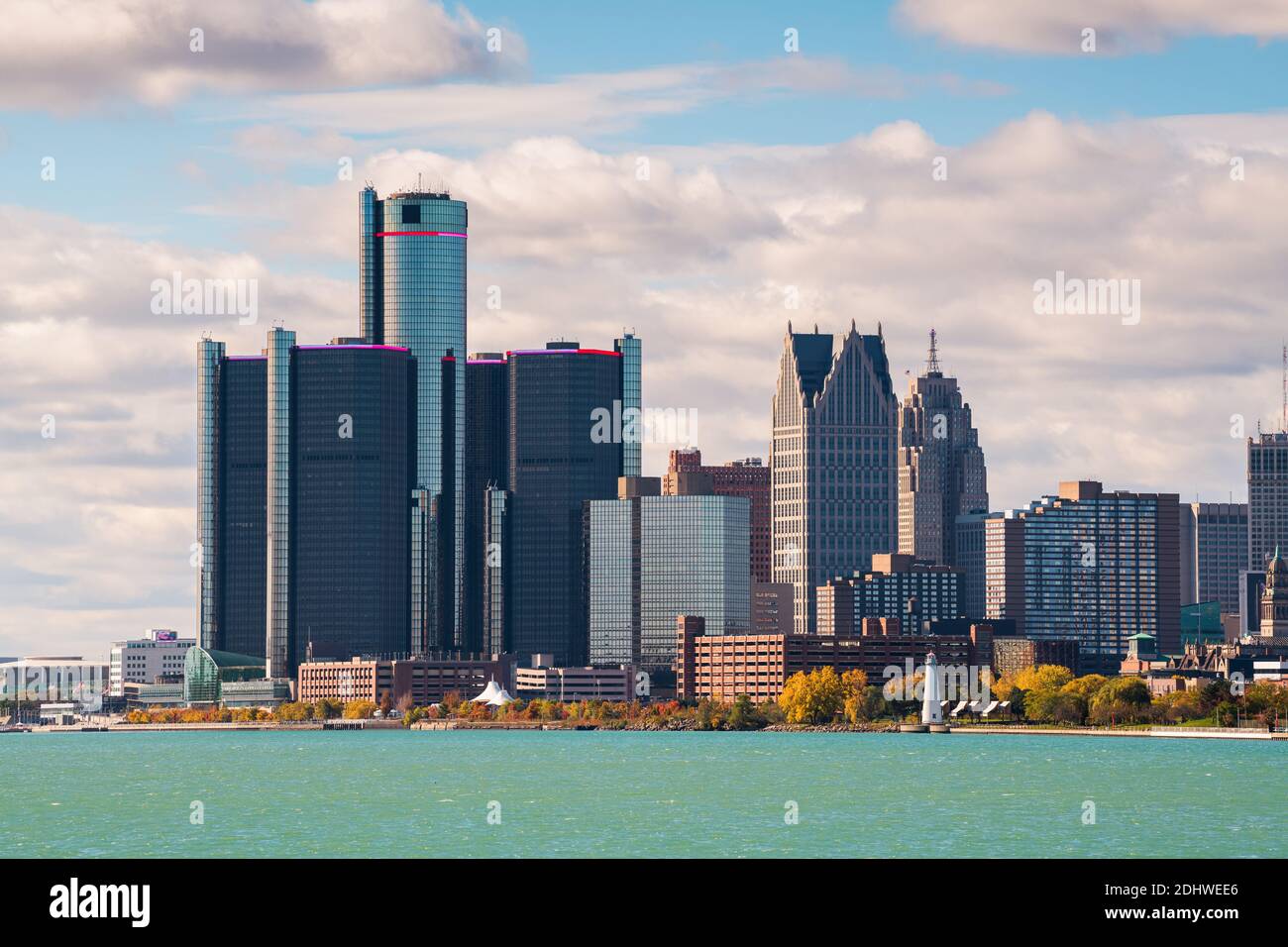 Detroit, Michigan, USA downtown city skyline on the Detroit River. Stock Photo