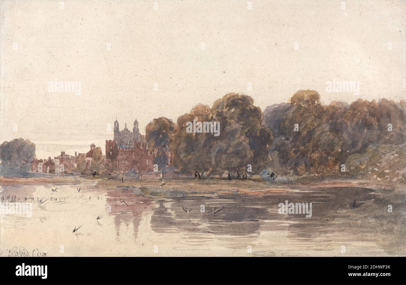 Eton from the Thames, attributed to David Cox, 1783–1859, British, between 1800 and 1829, Watercolor and graphite, with scratching out on medium, moderately textured, cream wove paper, Sheet: 8 3/8 x 13 1/8 inches (21.3 x 33.3 cm), birds, landscape, river, Eton, Thames, United Kingdom Stock Photo