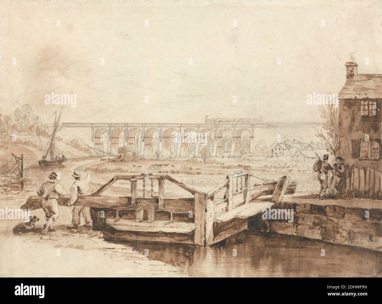 The Viaduct over the Sankey Canal, Isaac Shaw, active 1830, ca. 1830, Brown wash, brown ink, and graphite on medium, smooth, cream wove paper, Sheet: 6 1/8 × 8 7/16 inches (15.6 × 21.4 cm), architectural subject, bridge (built work), bridges, arch, bridges, railway, canal, canal boat, houses, landscape, lock, locomotive, steam, people, train, viaduct, Burtonwood, Cheshire, Earlestown, England, Newton-le-Willows, Saint Helens, Saint Helens Canal, Sankey Brook, United Kingdom, Warrington Stock Photo