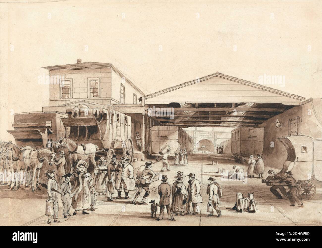 Railway Office, Liverpool, Isaac Shaw, active 1830, ca. 1830, Brown wash, brown ink, and graphite on medium, slightly textured, cream wove paper, Sheet: 6 1/16 × 8 5/8 inches (15.4 × 21.9 cm), architectural subject, cityscape, coaches (carriages), dog (animal), genre subject, horses (animals), luggage, railway, railway cars, railway yard, Railways: offices, travellers, tunnel, railroad, workers, England, Liverpool, United Kingdom Stock Photo